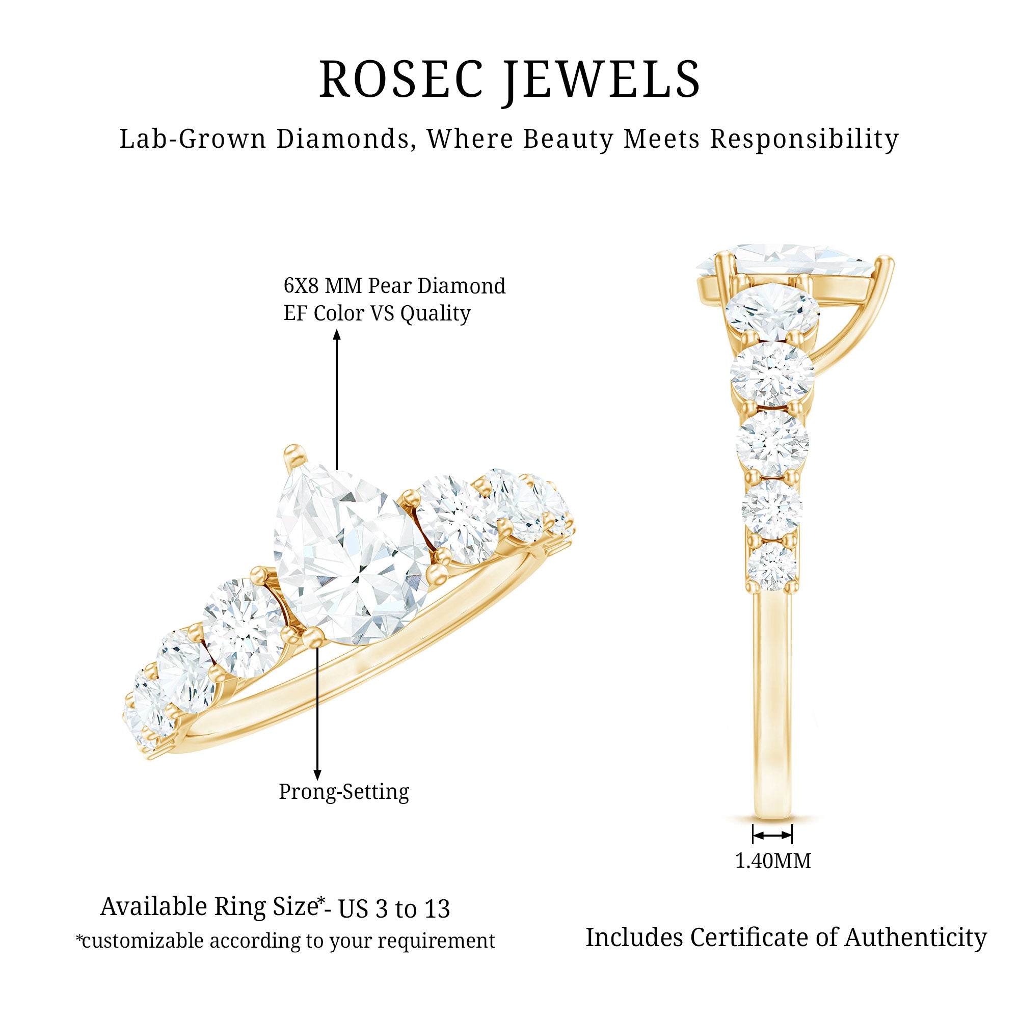 Rosec Jewels-Certified Diamond Teardrop Engagement Ring with Sides Stones