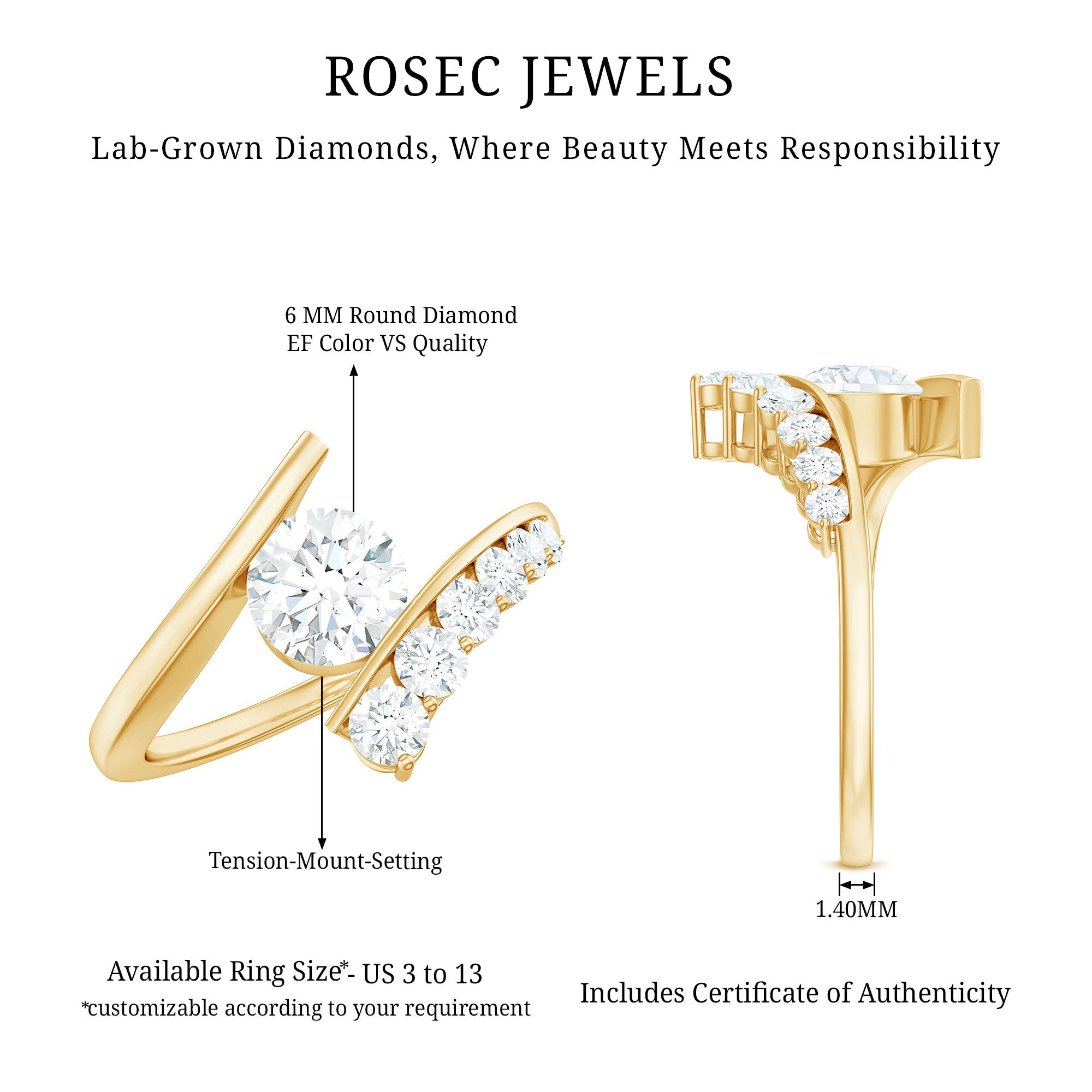 Rosec Jewels-Certified Lab Grown Diamond Bypass Engagement Ring for Women