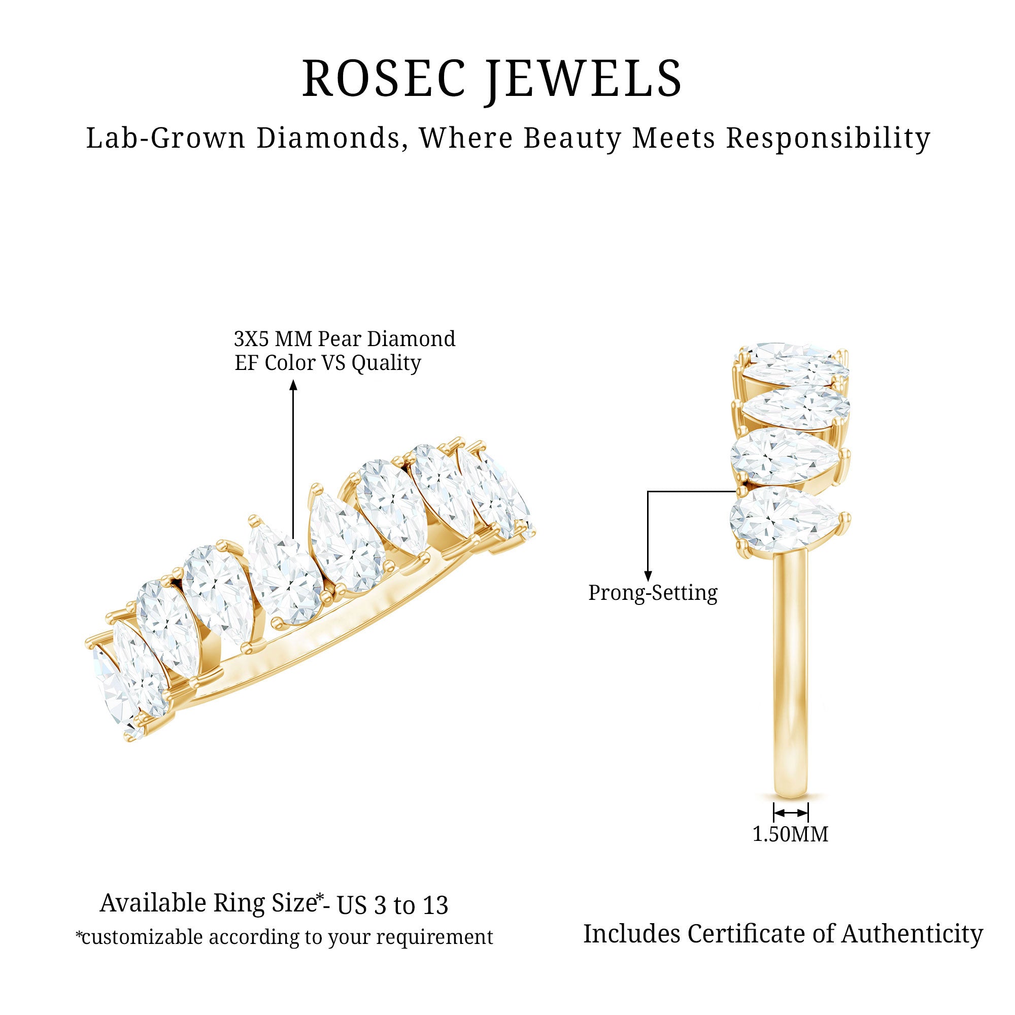 Rosec Jewels-Pear Cut Lab Created Diamond Half Eternity Wedding Band