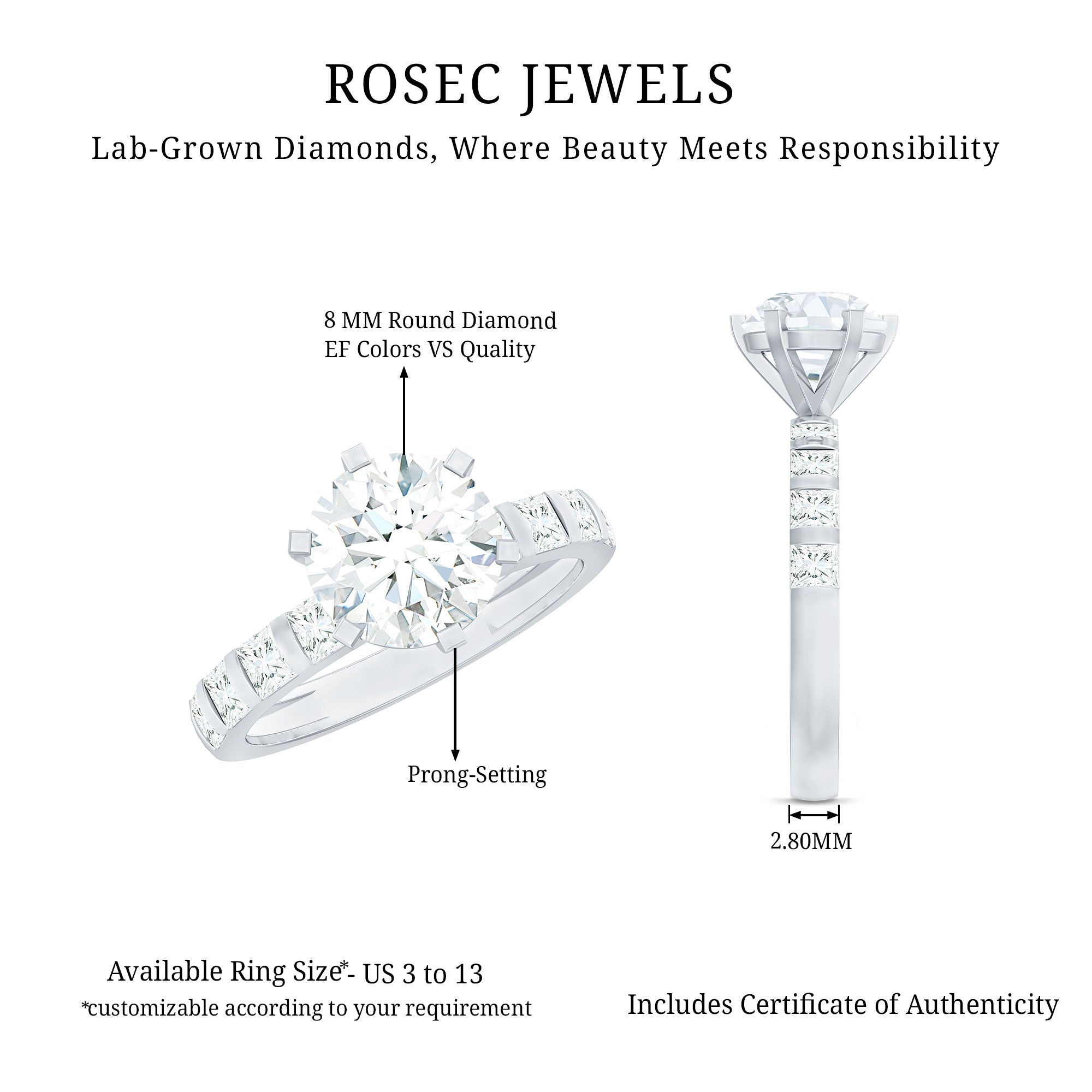 Rosec Jewels-Certified Lab Diamond 8 mm Round Engagement Ring With 6 Prong