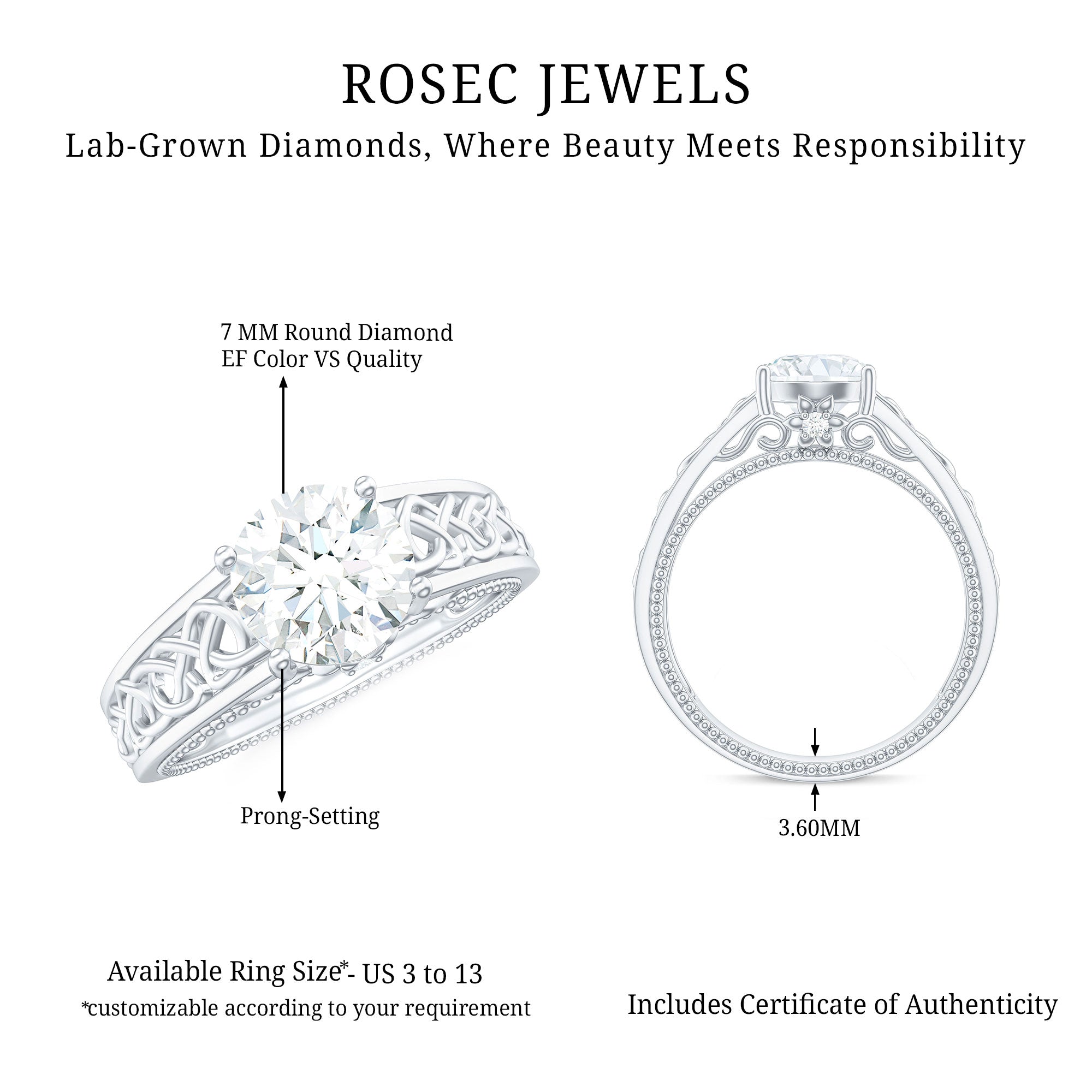 Rosec Jewels-Certified 7 MM Lab Grown Diamond Celtic Design Engagement Ring