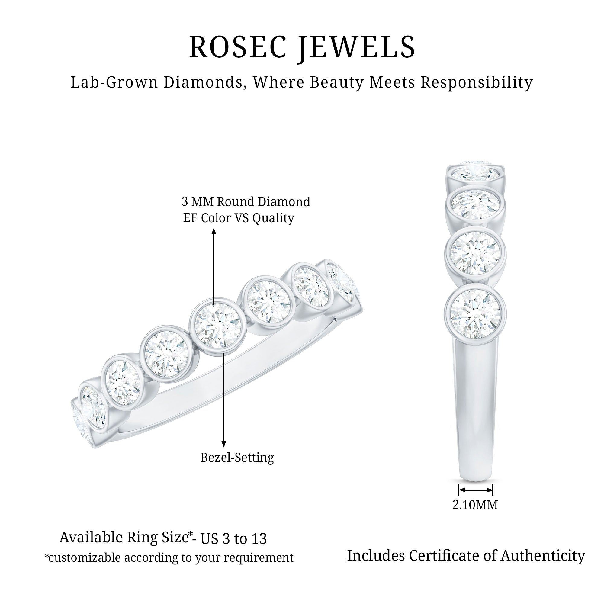Rosec Jewels-Bezel Set Lab Grown Diamond Semi Eternity Ring for Women