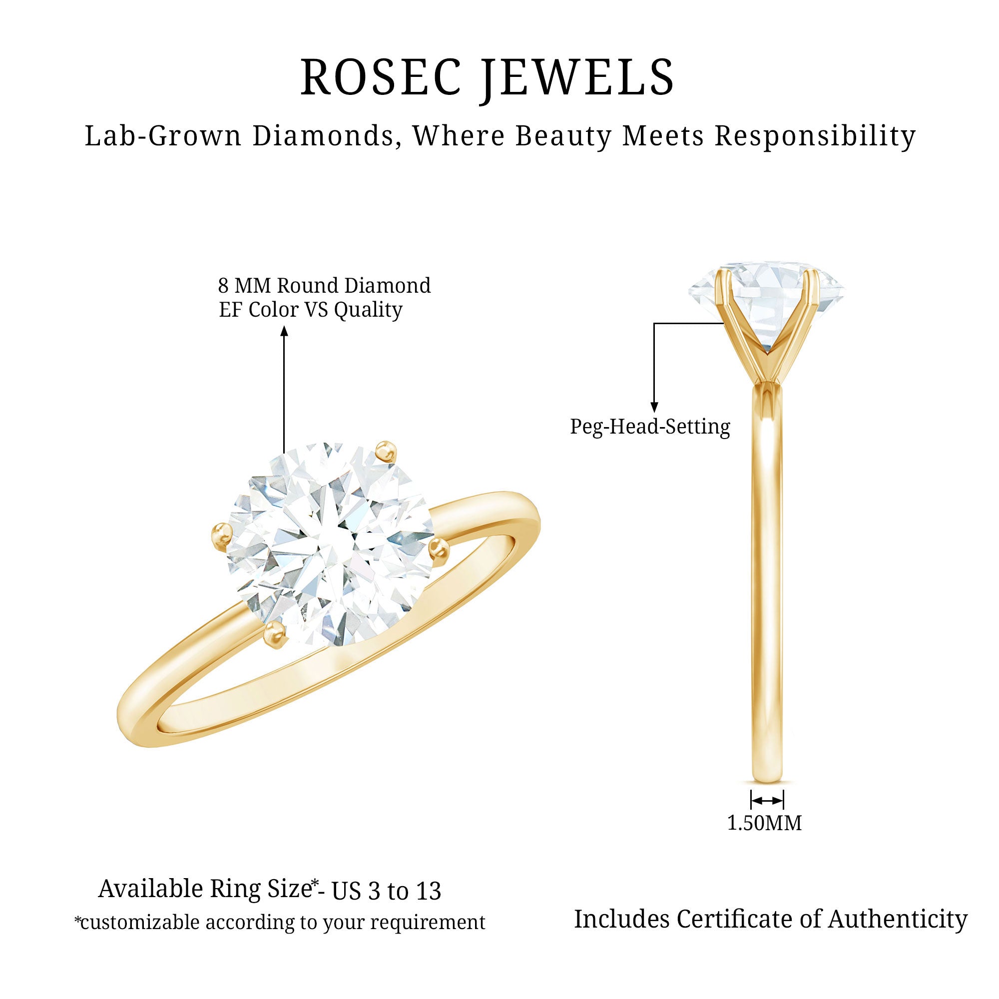 Rosec Jewels-2 Carat Lab Created Diamond Solitaire Engagement Ring With 6 Prongs