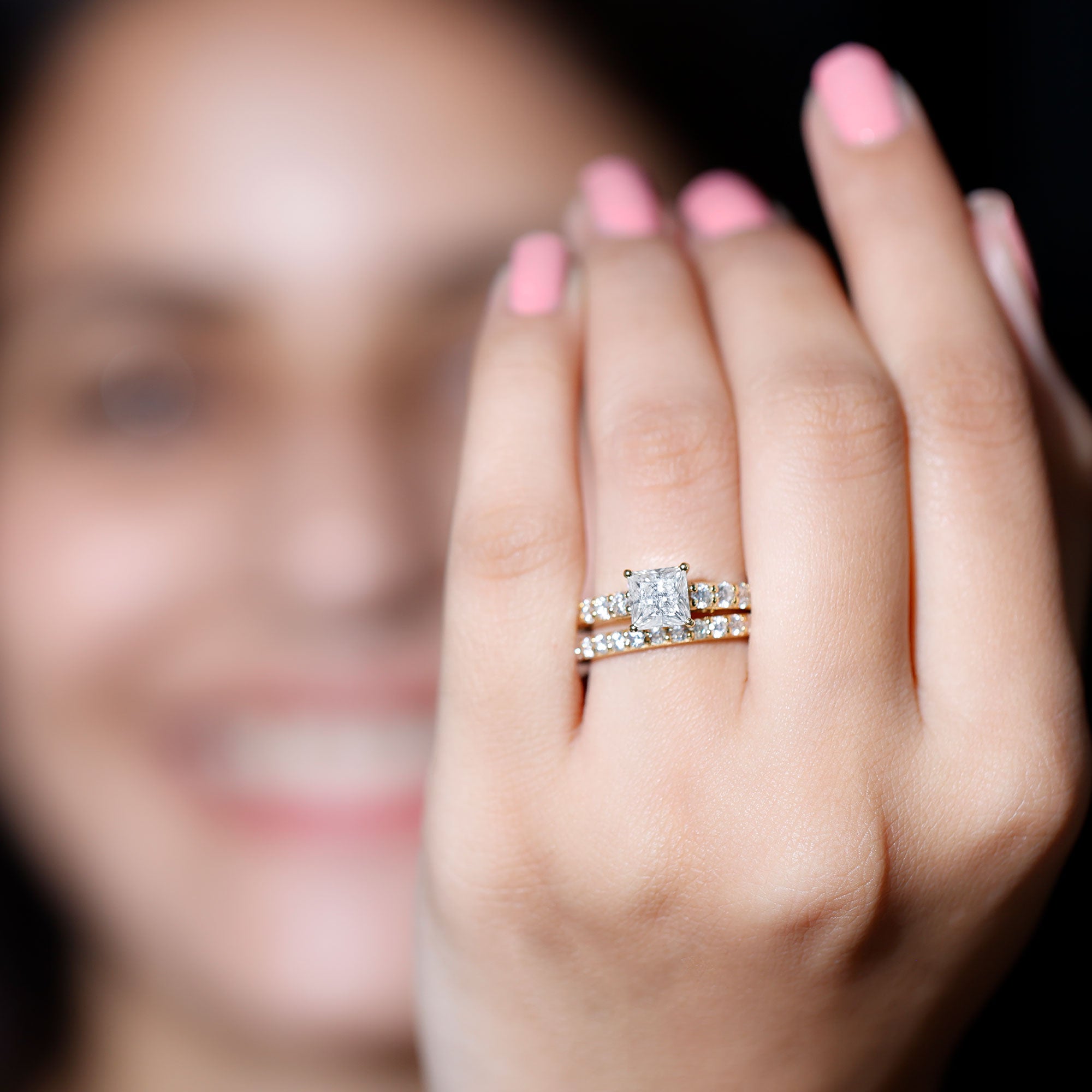 IGI Certified 1 Carat Lab Grown Diamond Princess Cut Engagement Ring with Band Lab - ( EF-VS ) - Rosec Jewels
