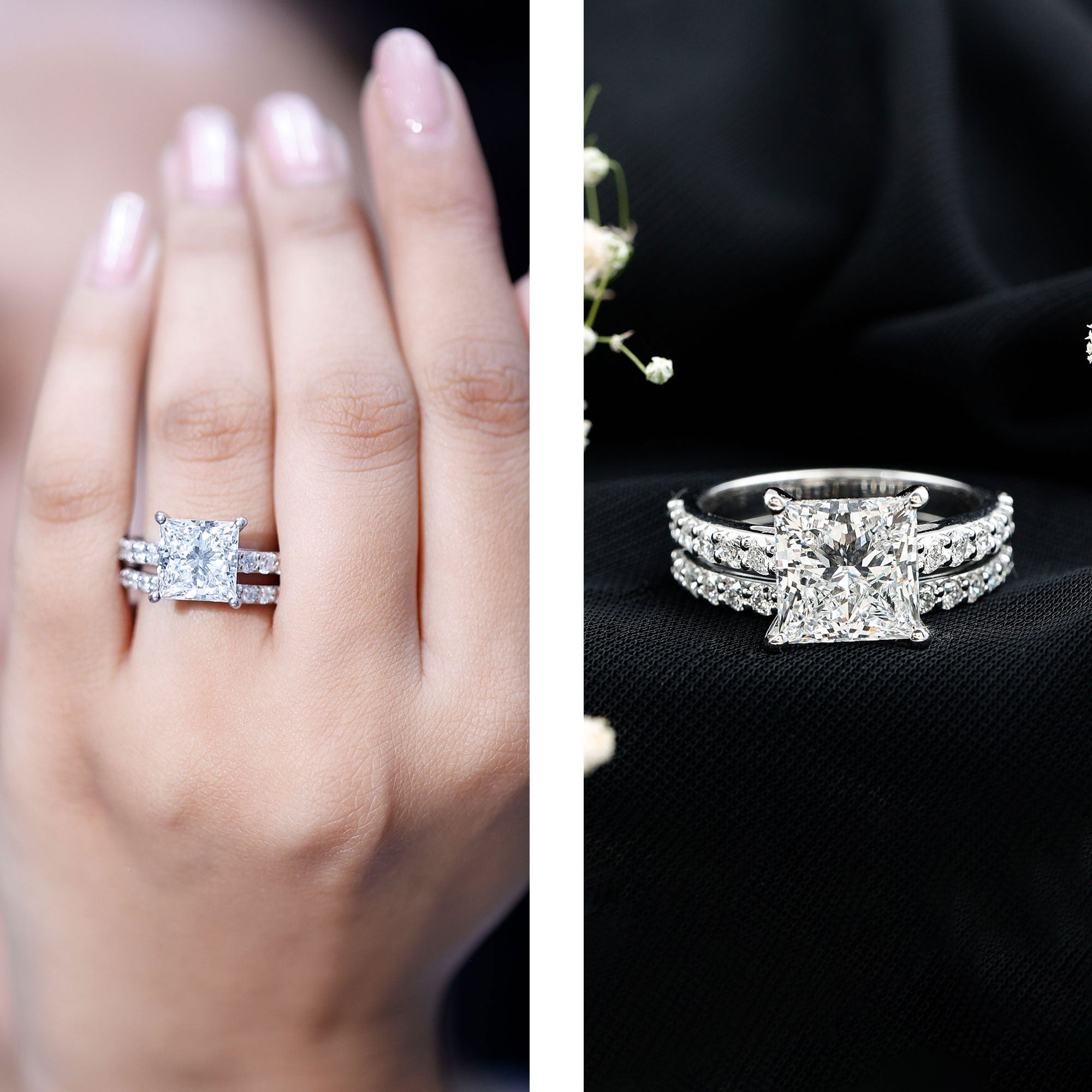 5 Carat IGI Certified Princess Cut Lab Diamond Engagement Ring with Band Lab - ( E-VS1 ) - Rosec Jewels