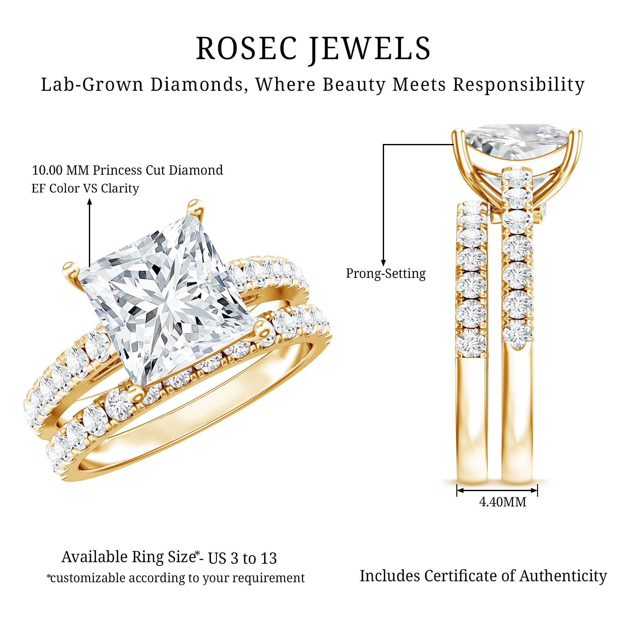 IGI Certified Huge 5 Carat Lab Grown Diamond Engagement Wedding Ring Set Lab - ( E-VS1 ) - Rosec Jewels