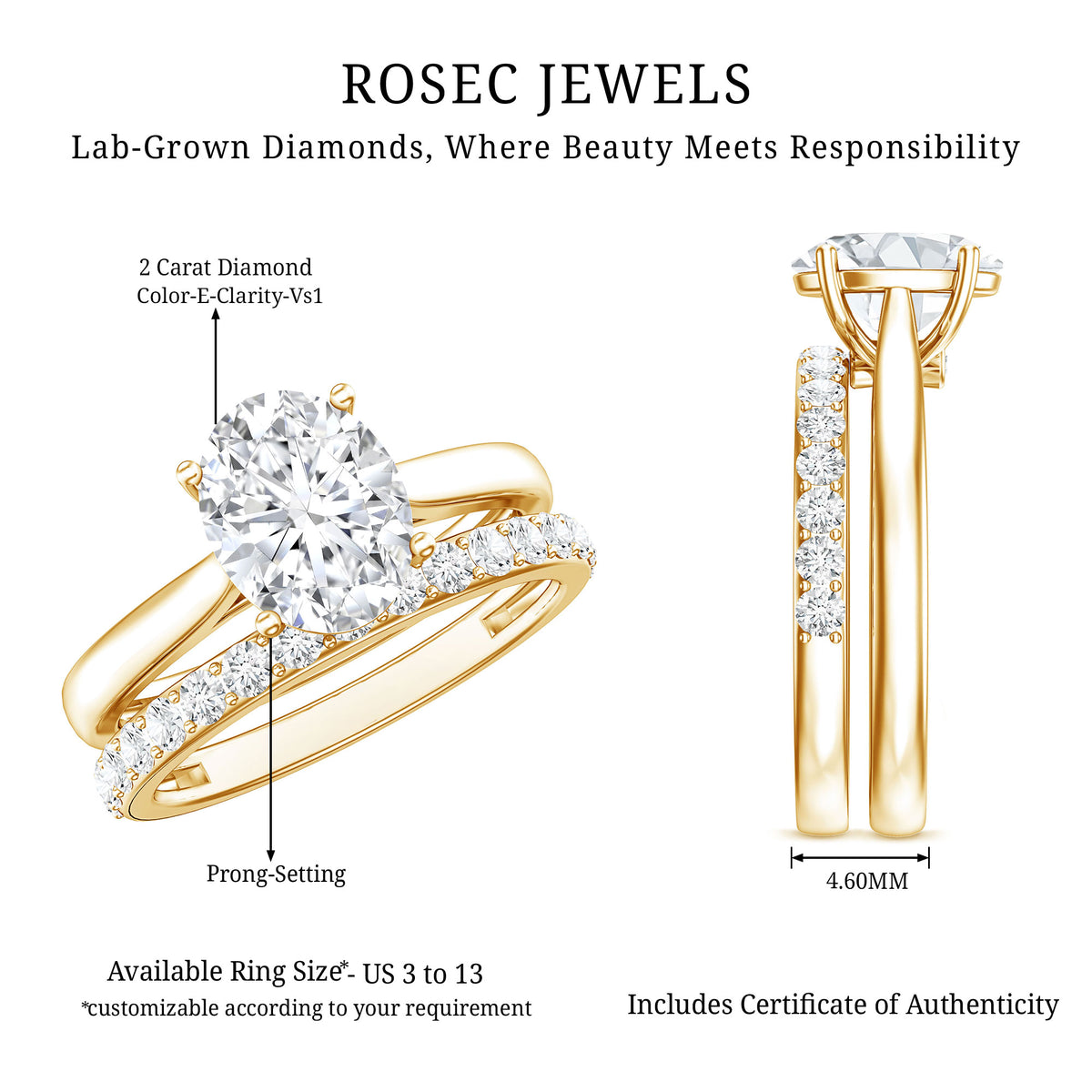 IGI Certified 2 Carat Oval Lab Grown Diamond Bridal Ring Set of 2 Lab - ( E-VS1 ) - Rosec Jewels