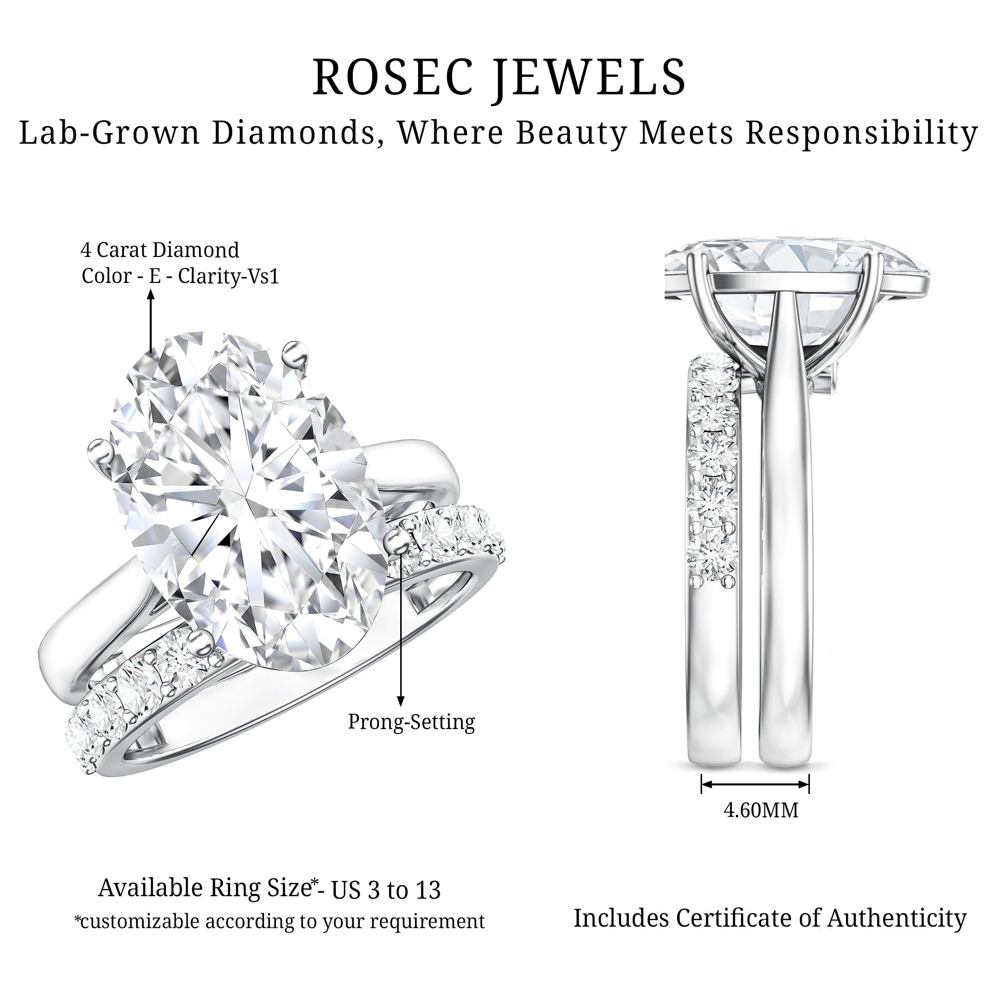 Rosec Jewels-IGI Certified 4 Carat Lab Grown Diamond Oval Wedding Ring Set for Women