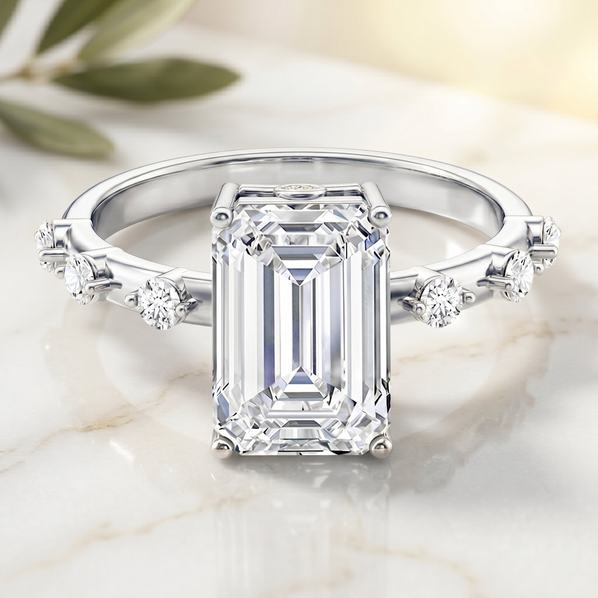IGI Certified 4 Carat Lab Grown Emerald Cut Diamond Engagement Ring with Spaced Accent Lab - ( EF-VS ) - Rosec Jewels