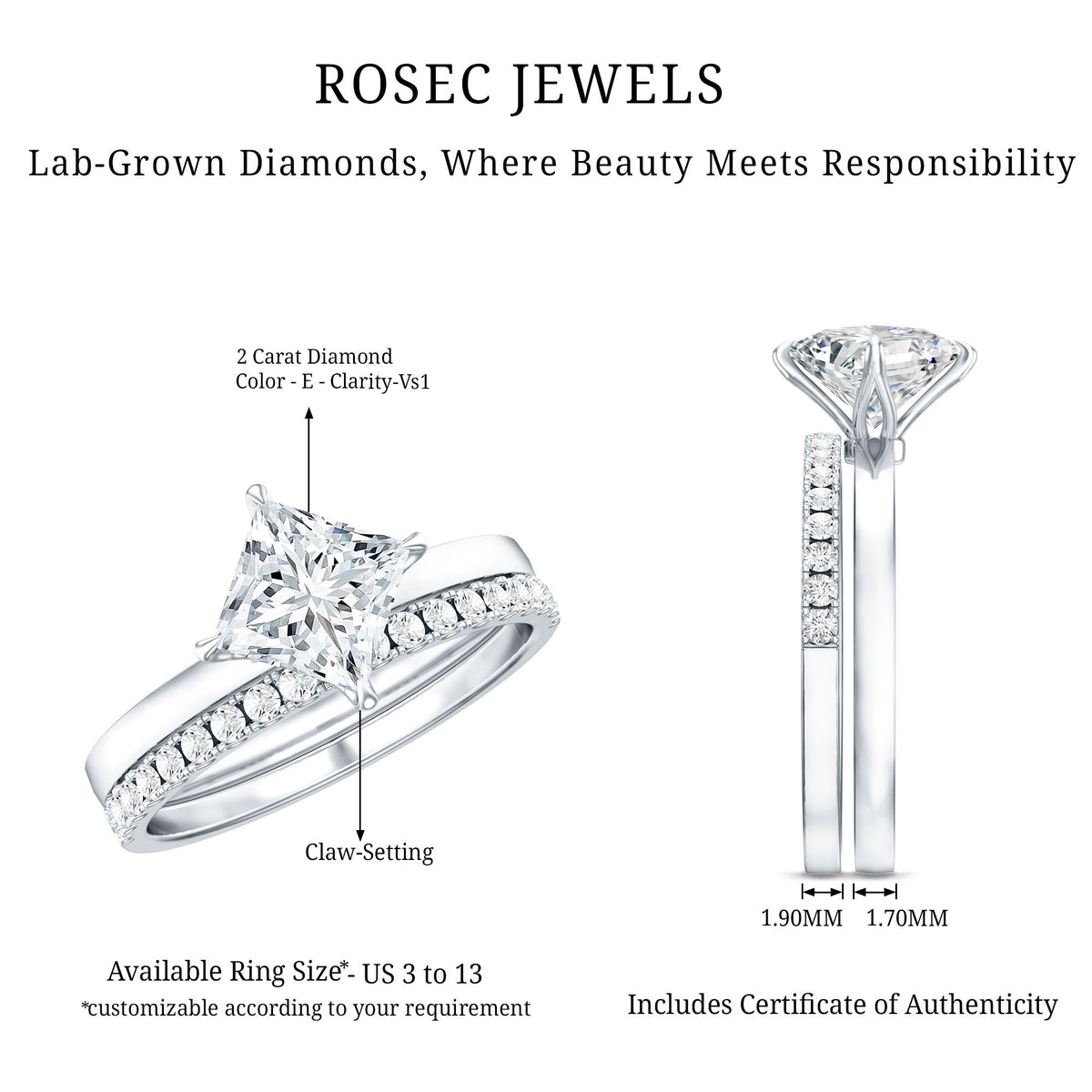 IGI Certified 2 Carat Lab Grown Diamond Princess Cut Wedding Ring Set Lab - ( E-VS1 ) - Rosec Jewels