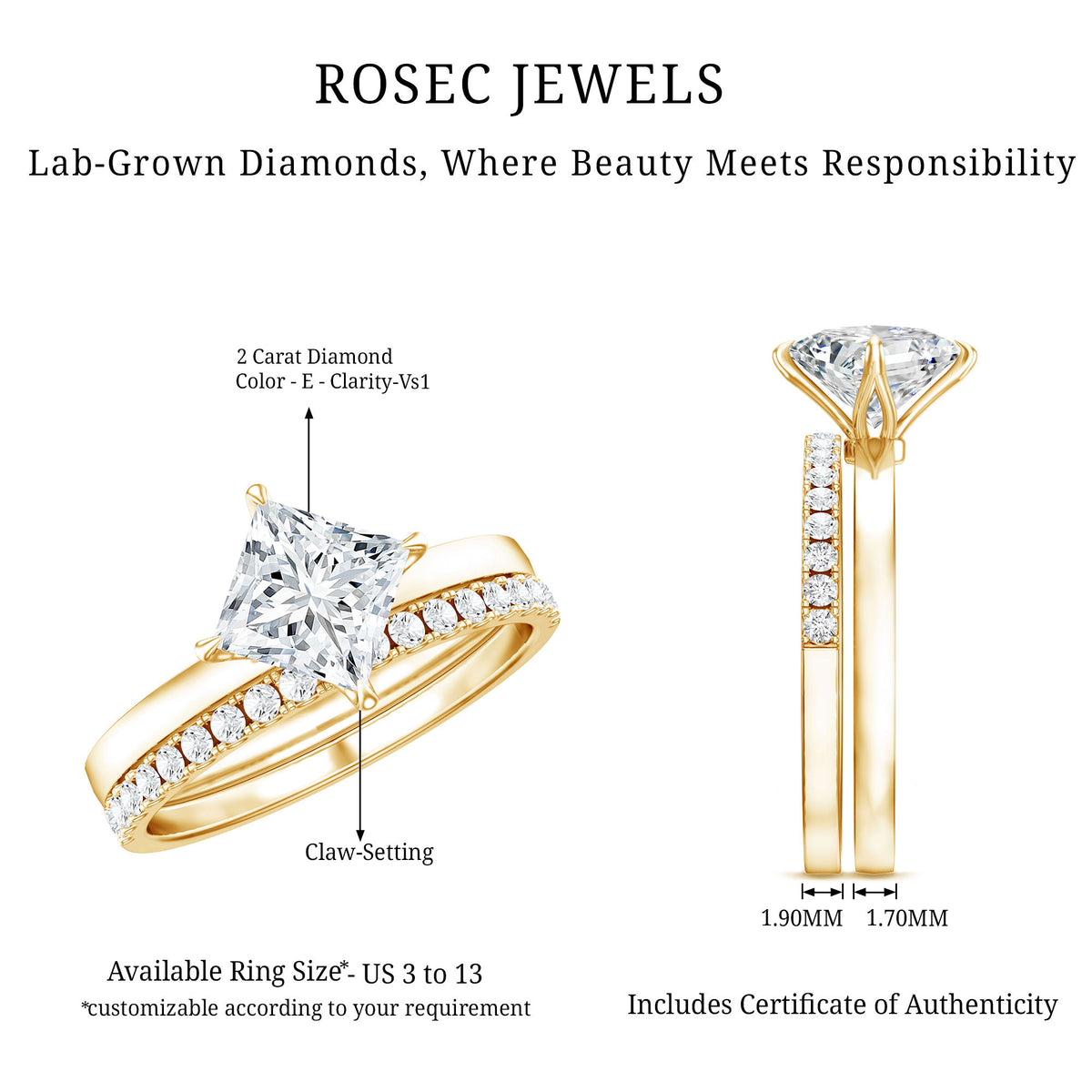 IGI Certified 2 Carat Lab Grown Diamond Princess Cut Wedding Ring Set Lab - ( E-VS1 ) - Rosec Jewels