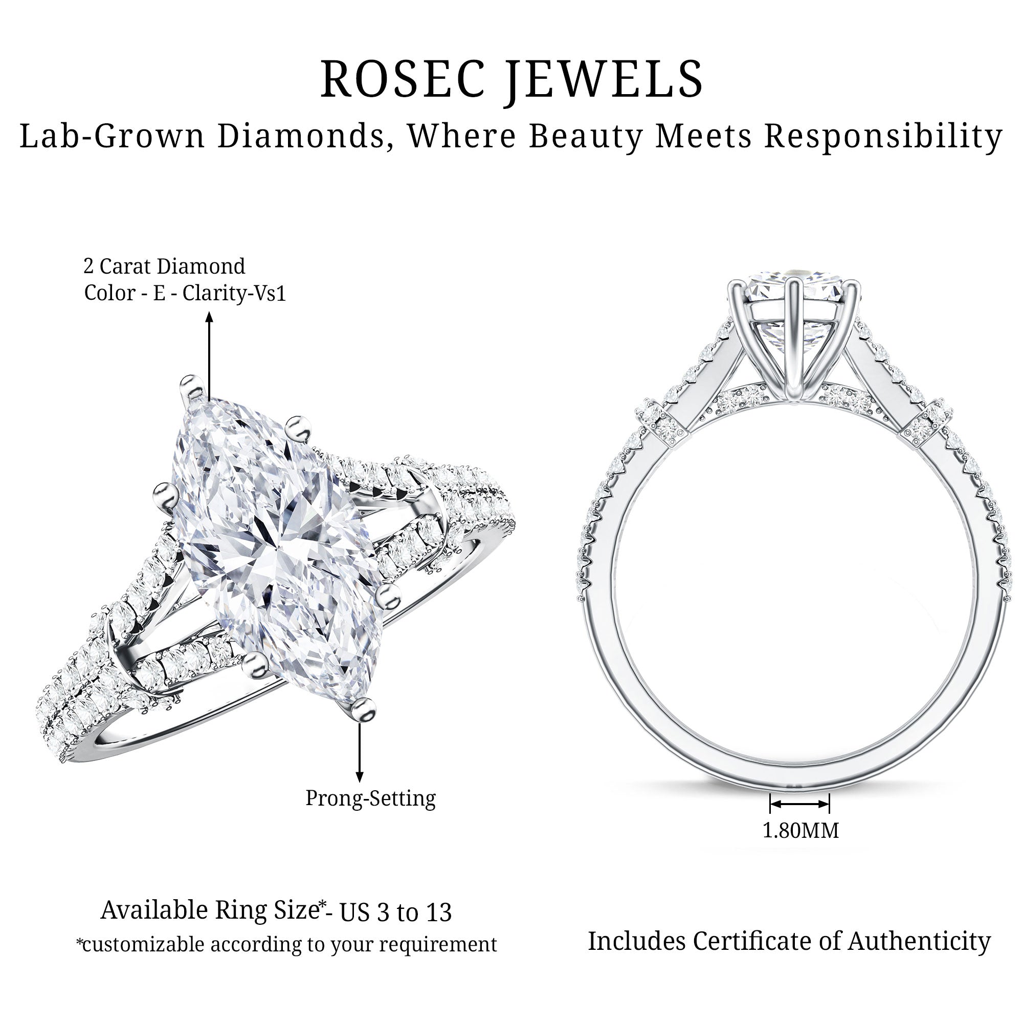 IGI Certified 2 Carat Lab Grown Marquise Diamond Engagement Ring with Split Shank Lab - ( E-VS1 ) - Rosec Jewels