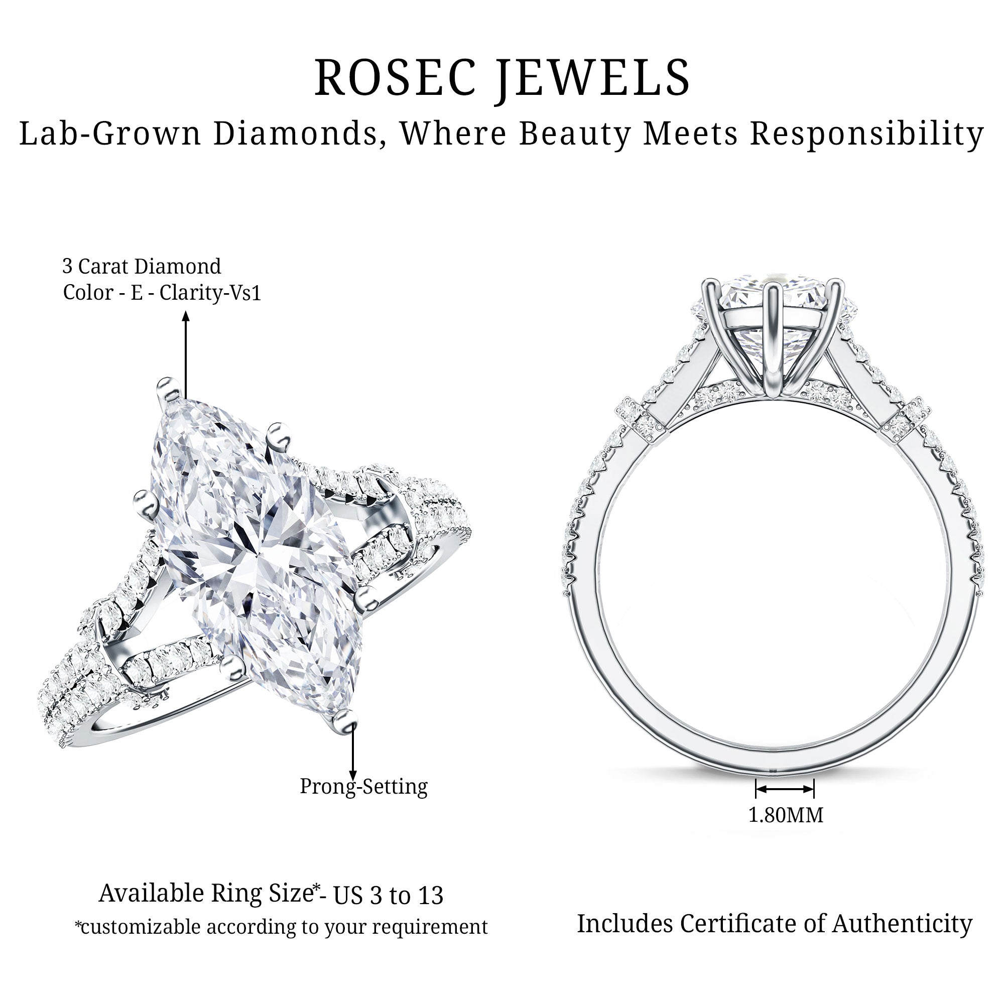 Vintage Inspired Marquise Cut Lab Grown Diamond Split Shank Engagement Ring IGI Certified 3 Carat Lab - ( E-VS1 ) - Rosec Jewels