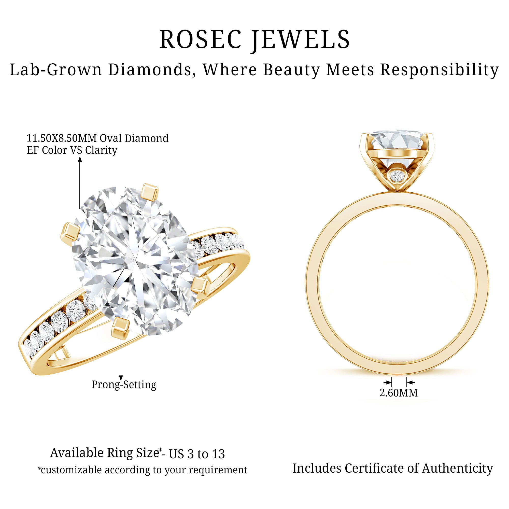 IGI Certified 3 Carat Lab Grown Diamond Oval Engagement Ring for Women Lab - ( EF-VS ) - Rosec Jewels