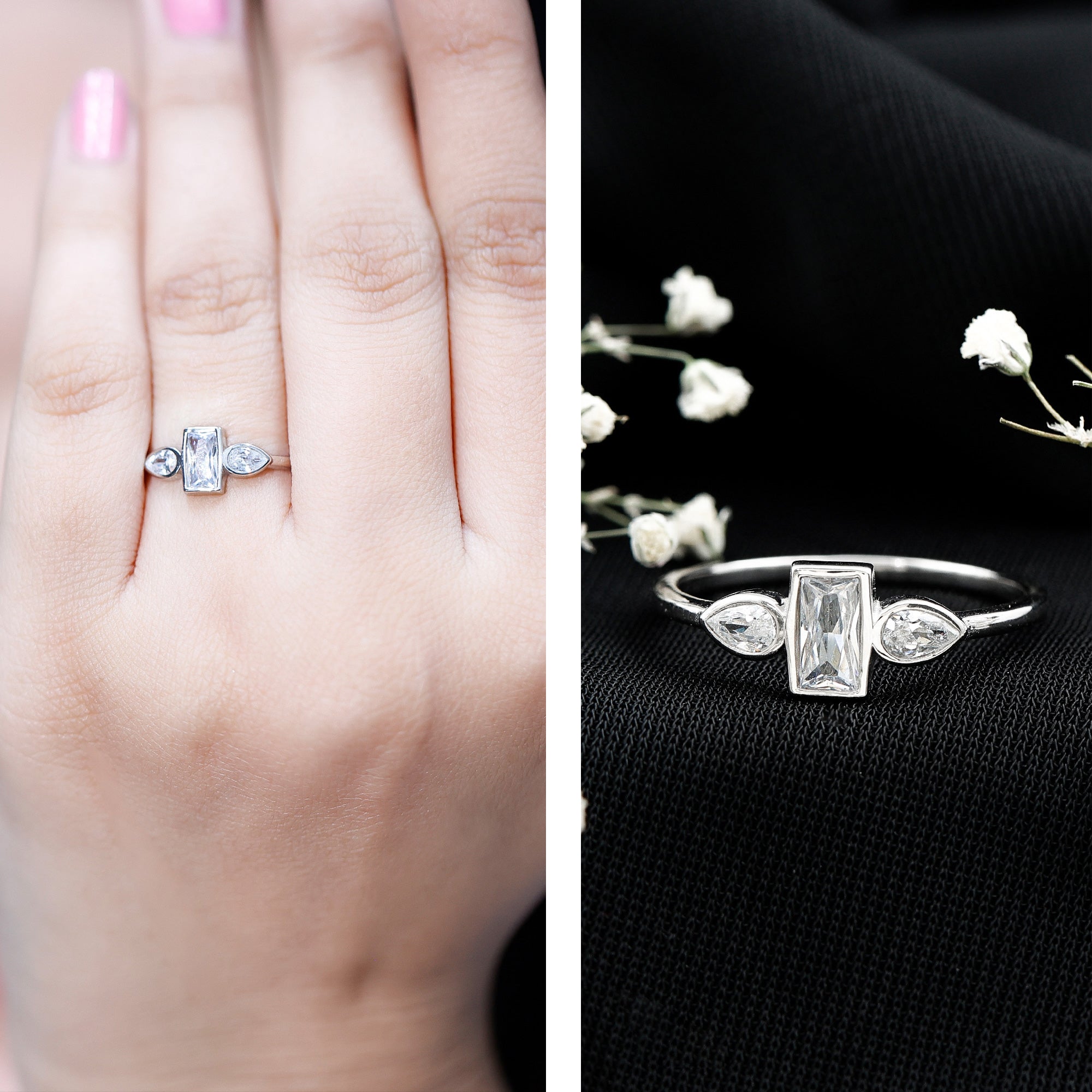 Rosec Jewels-Baguette and Pear Cut Lab Created Diamond Three Stone Engagement Ring
