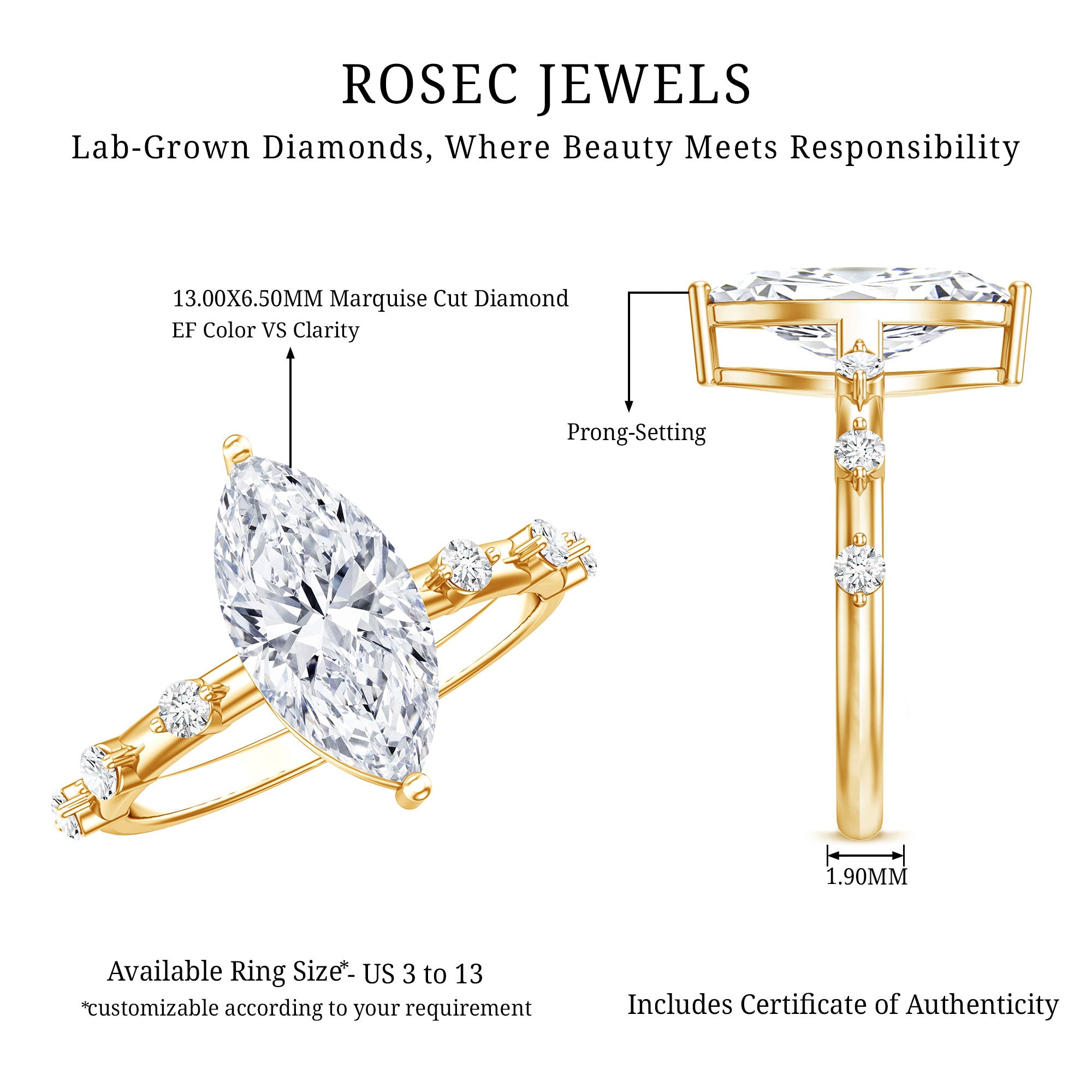 Solitaire 2 Carat Lab Created Diamond Marquise Engagement Ring IGI Certified Lab - ( E-VS1 ) - Rosec Jewels
