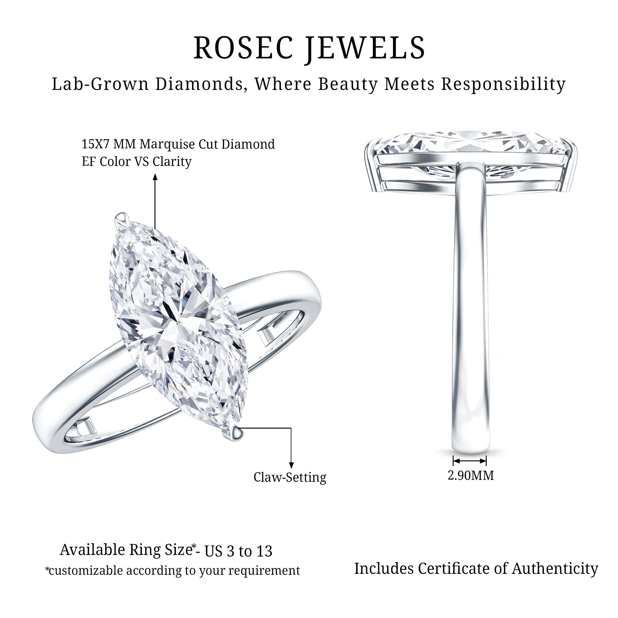 Rosec Jewels-Solitaire 3 Carat Lab Grown Diamond Marquise Engagement Ring IGI Certified