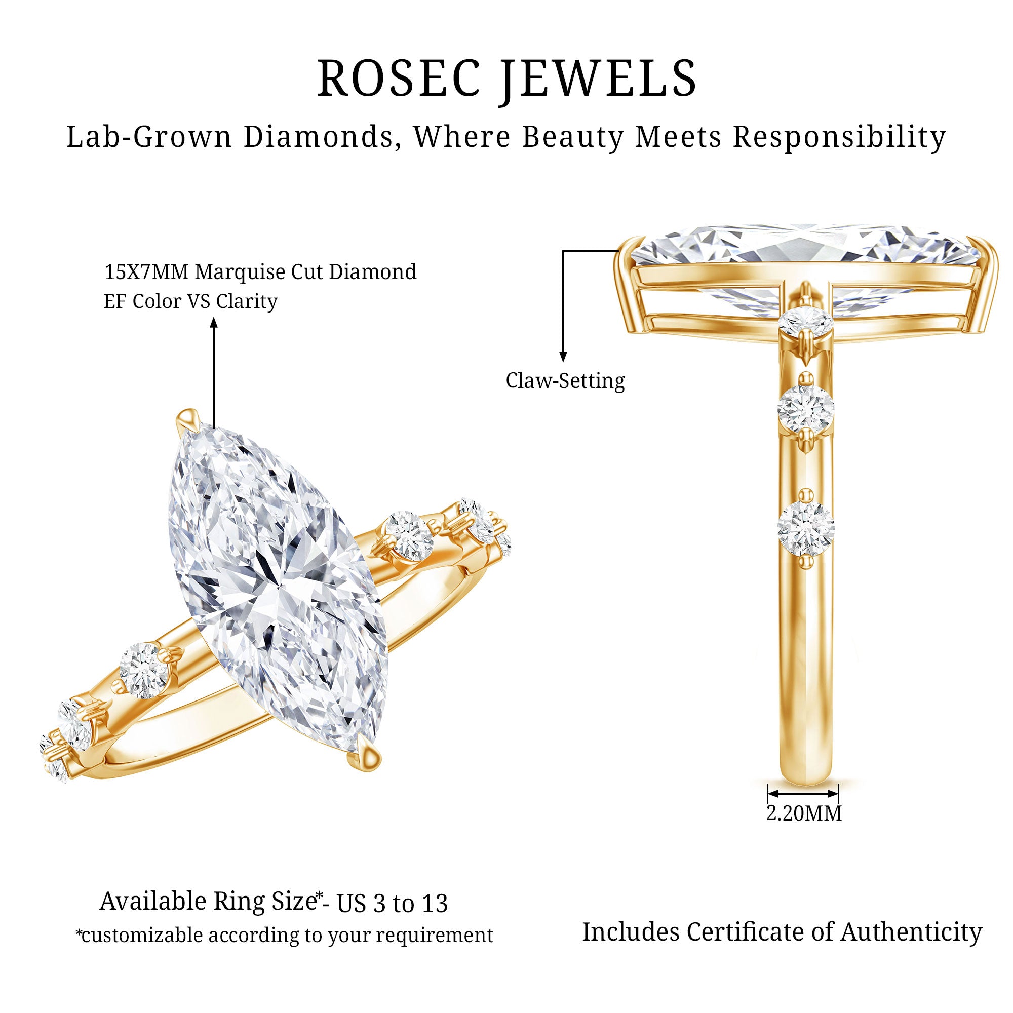 IGI Certified Lab Grown Diamond 3 Carat Marquise Engagement Ring with Spaced Accent Lab - ( E-VS1 ) - Rosec Jewels