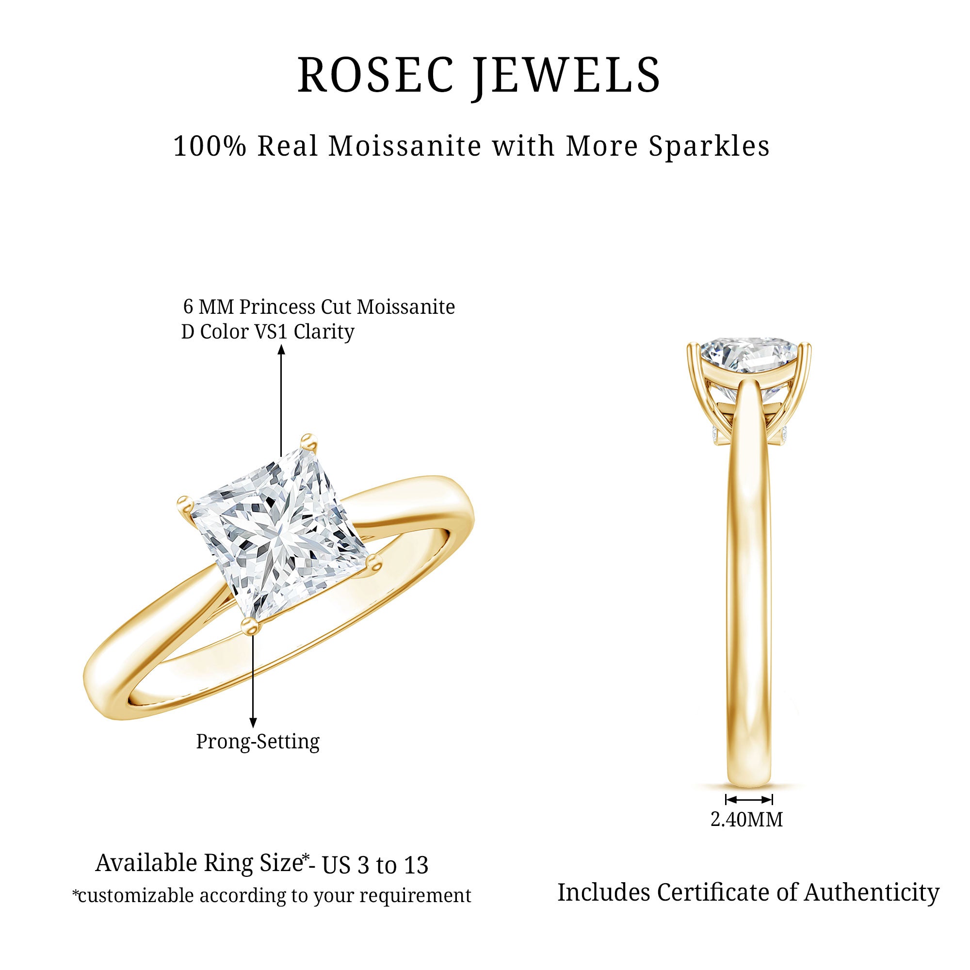 Solitaire 2 Carat Lab Created Diamond Princess Cut Engagement Ring IGI Certified Lab - ( EF-VS ) - Rosec Jewels