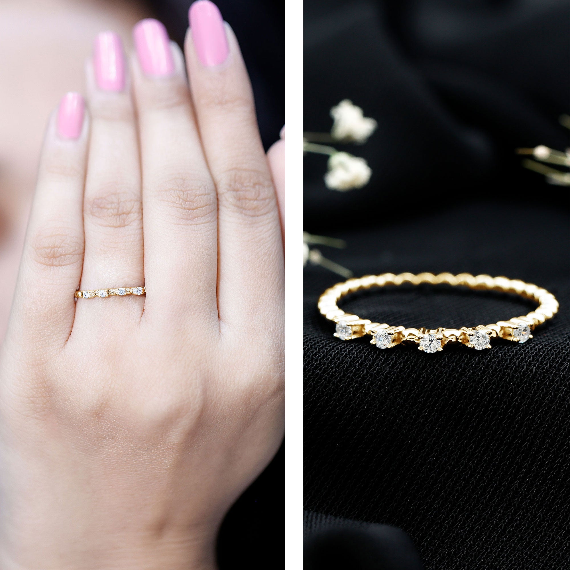 Rosec Jewels-Minimalist Lab Grown Diamond Stacking Ring with Beaded Detail