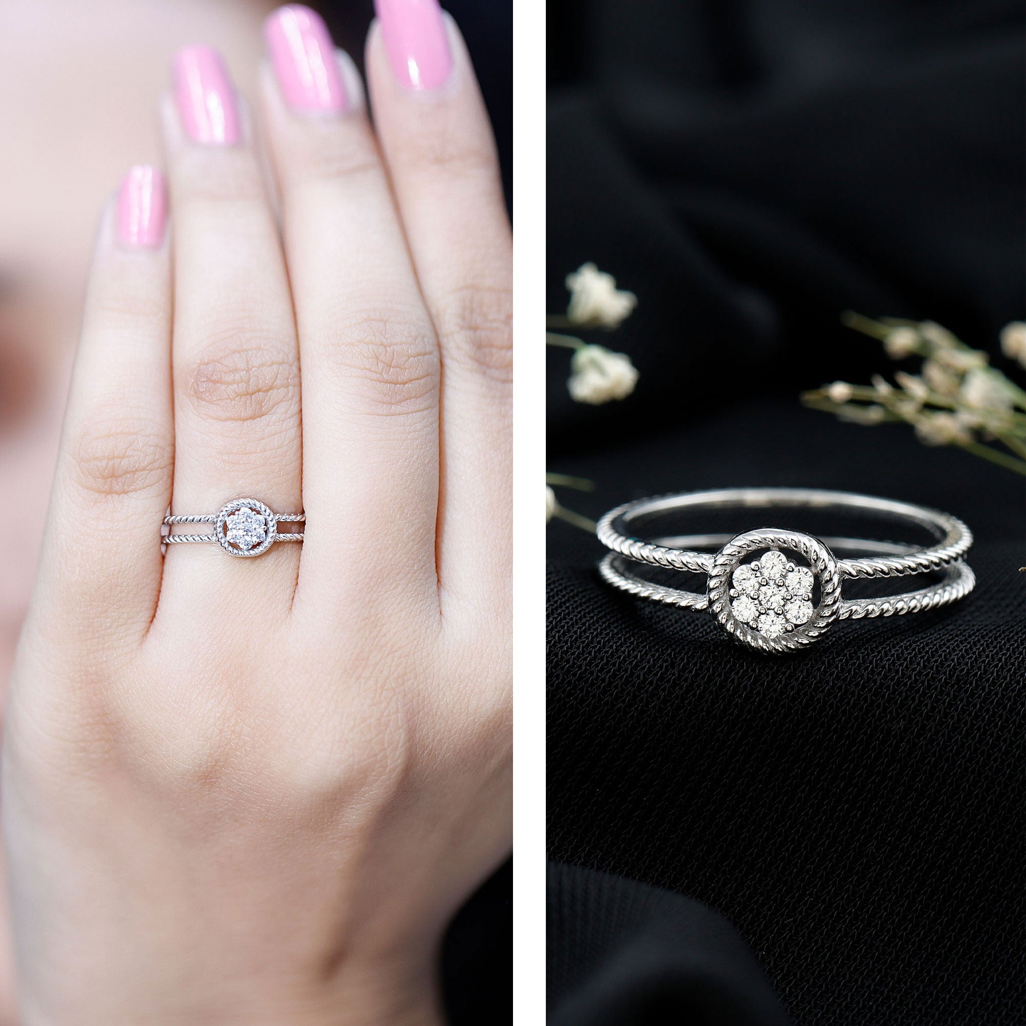 Rosec Jewels-Certified Lab Grown Diamond Flower Promise Ring with Double Band Shank