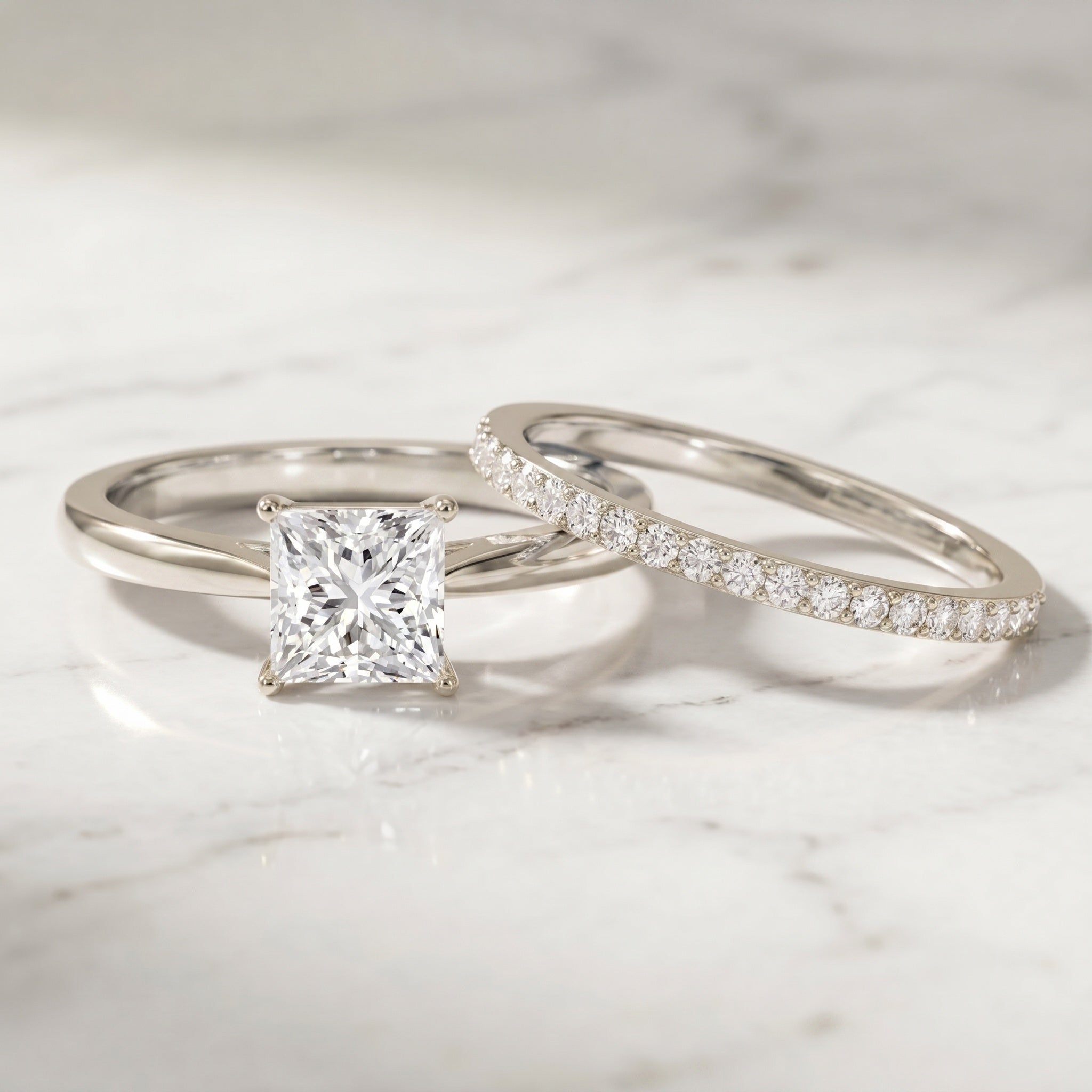 IGI Certified 1 Carat Princess Cut Lab Grown Diamond Solitaire Bridal Ring Set Lab - ( EF-VS ) - Rosec Jewels