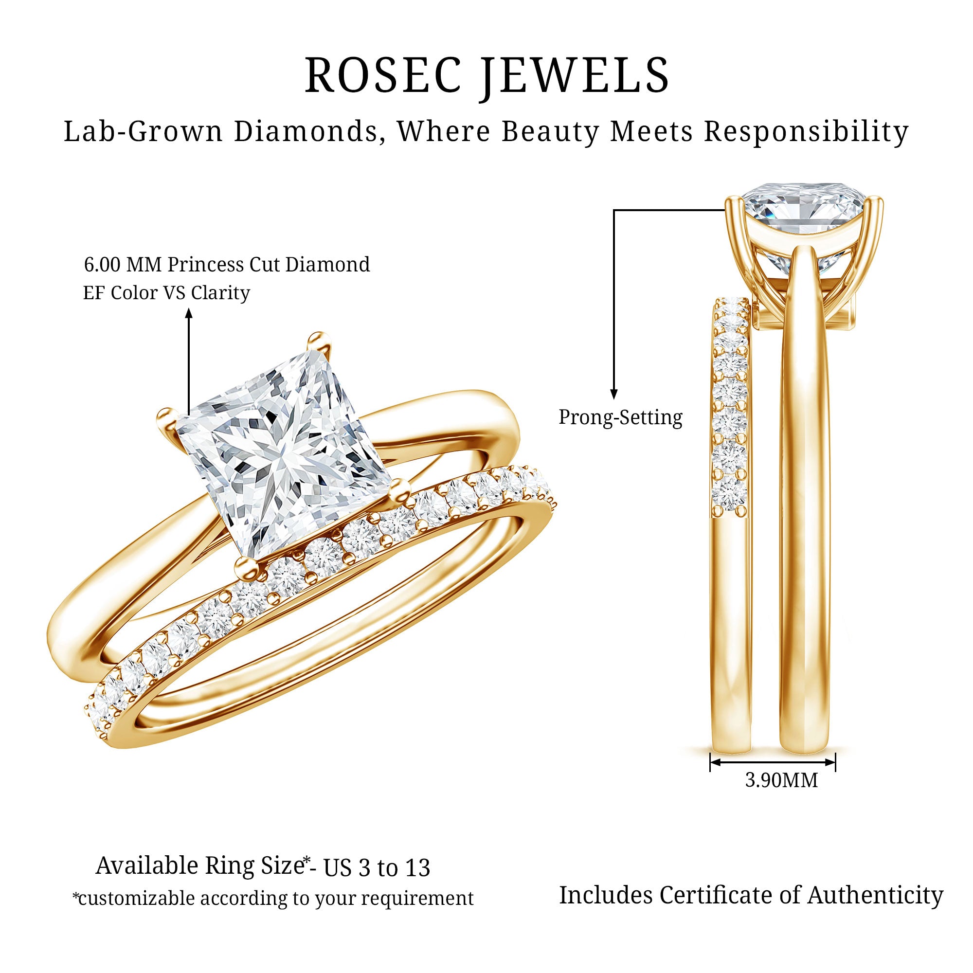 Rosec Jewels-IGI Certified 1 Carat Princess Cut Lab Grown Diamond Solitaire Bridal Ring Set