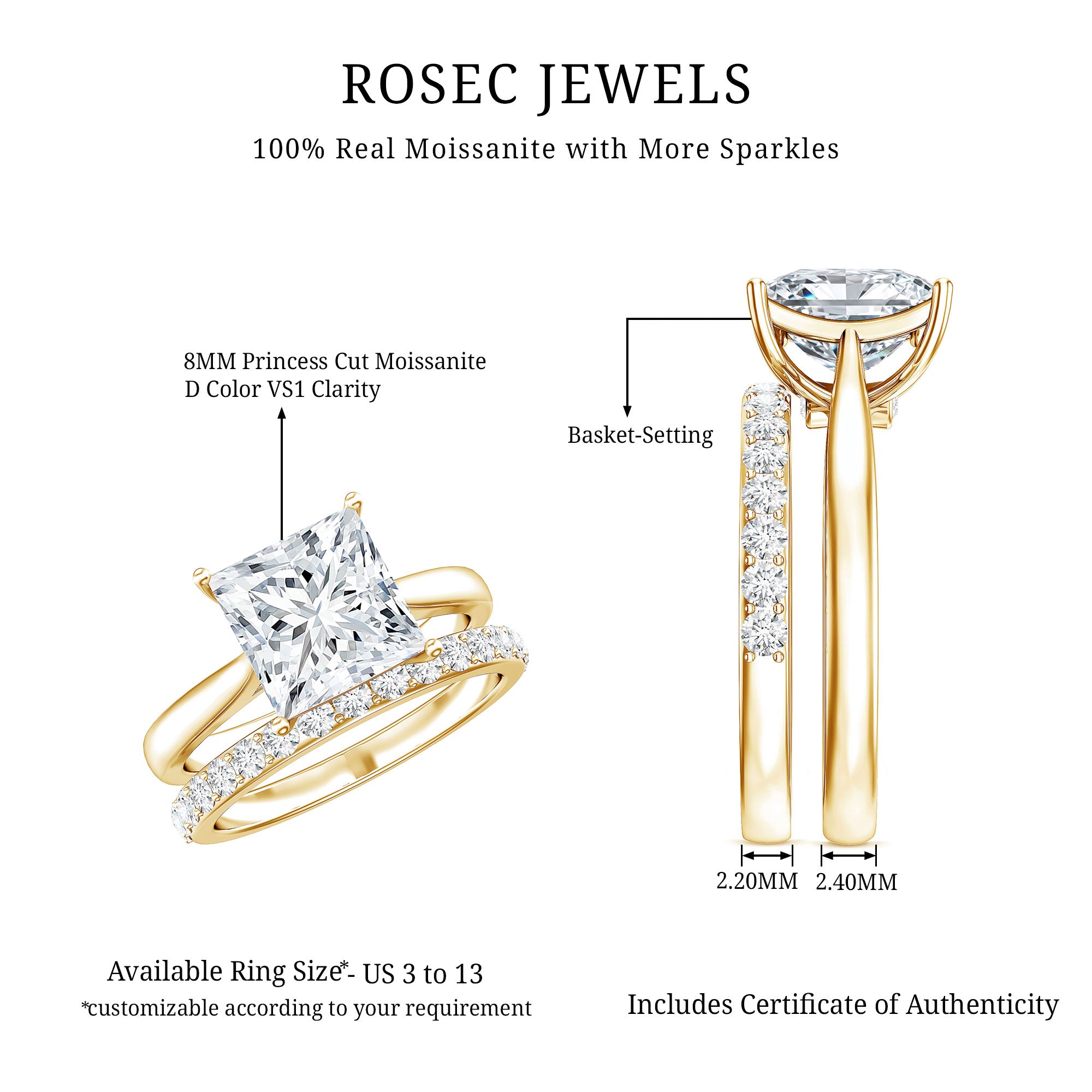 Rosec Jewels-IGI Certified 2 Carat Lab Grown Diamond Princess Cut Engagement Ring With Wedding Band