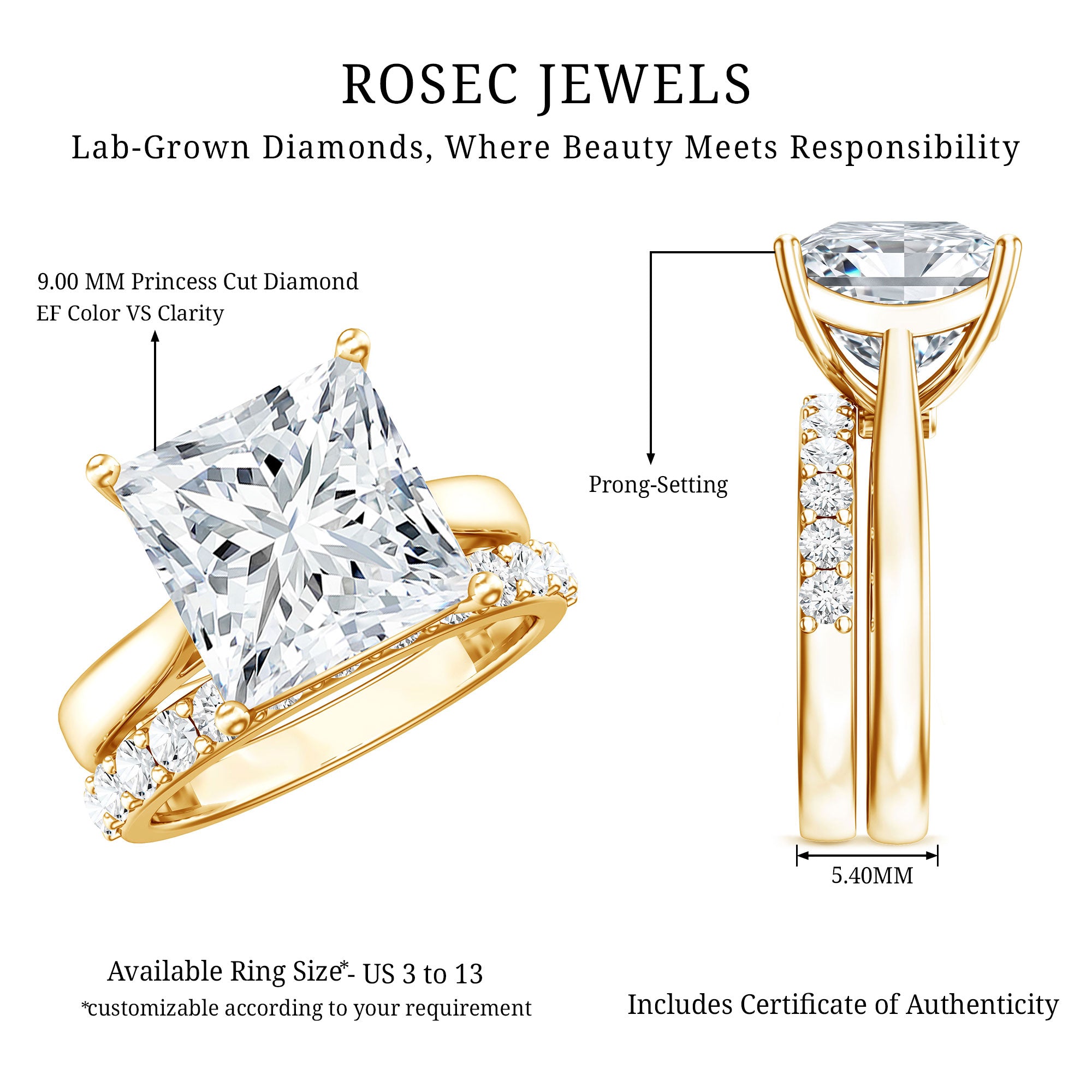 Rosec Jewels-IGI Certified 4 Carat Princess Cut Lab Grown Diamond Solitaire Wedding Ring Set
