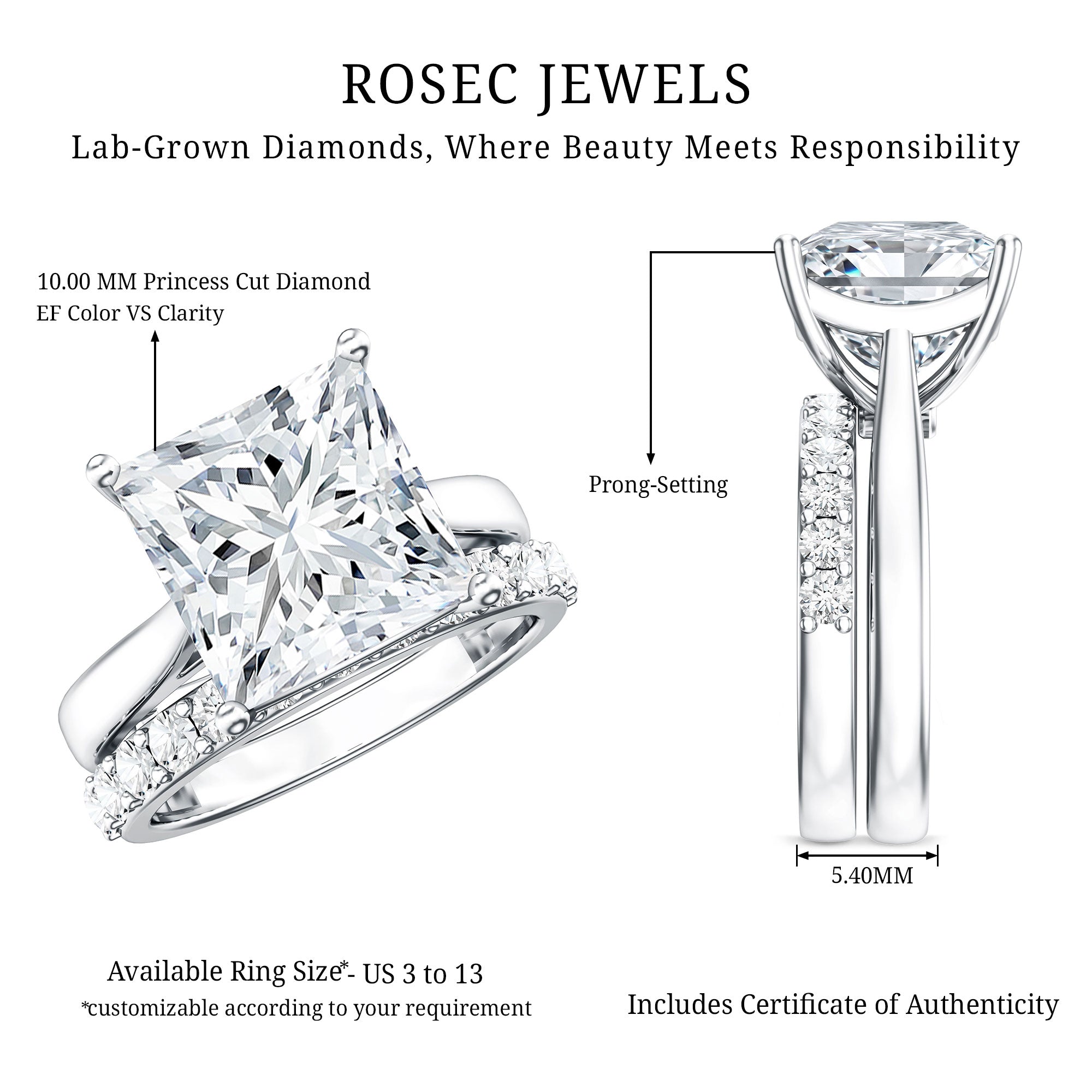 Rosec Jewels-5 Carat Huge Lab Grown Diamond Princess Cut Engagement Ring Set with IGI Certificate