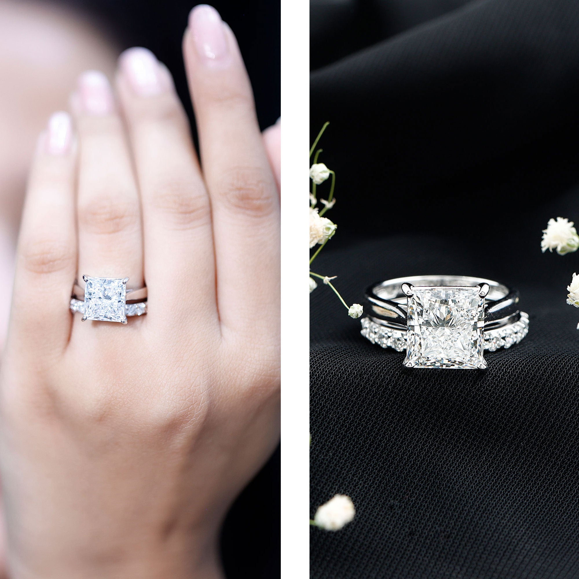5 Carat Huge Lab Grown Diamond Princess Cut Engagement Ring Set with IGI Certificate Lab - ( E-VS1 ) - Rosec Jewels