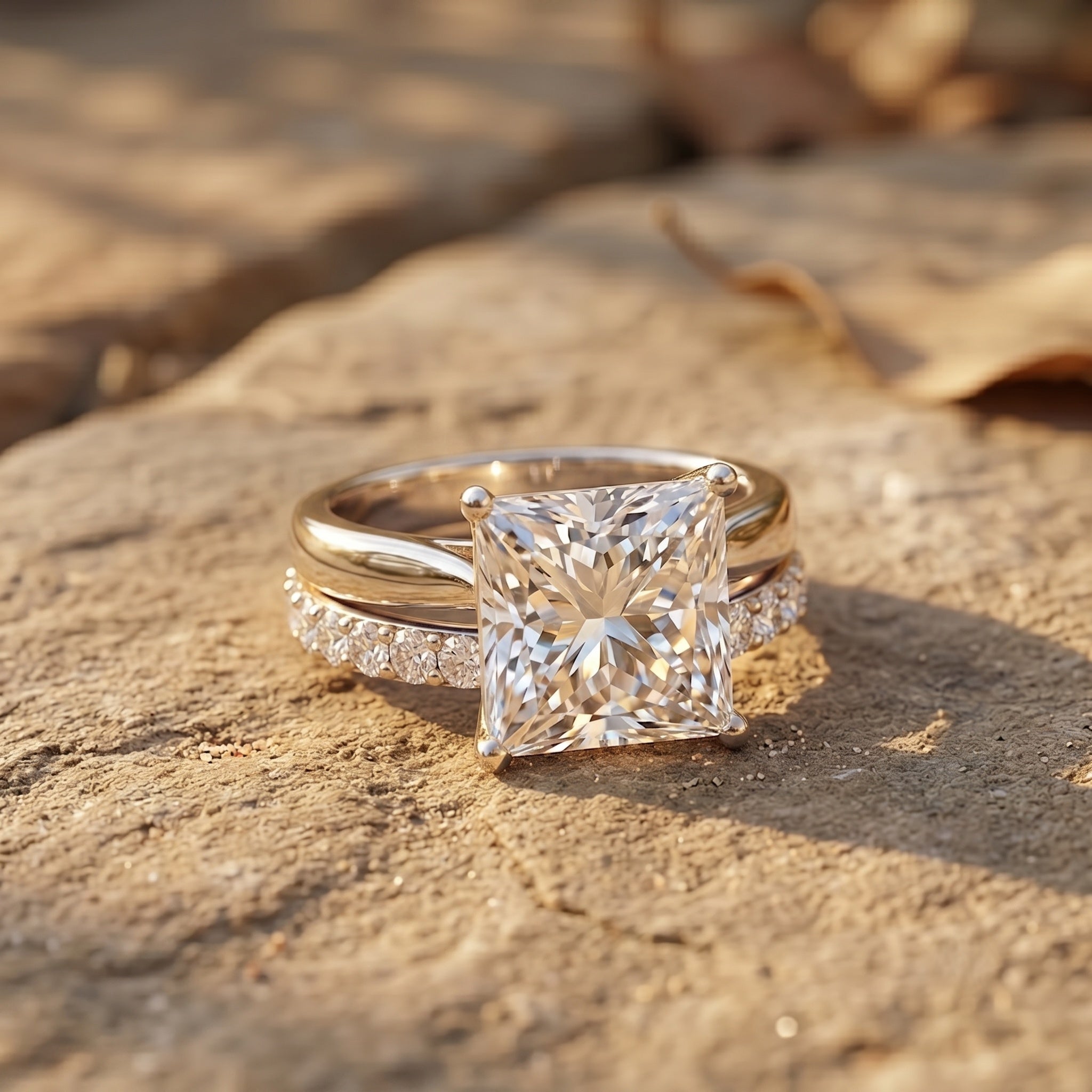 5 Carat Huge Lab Grown Diamond Princess Cut Engagement Ring Set with IGI Certificate Lab - ( E-VS1 ) - Rosec Jewels