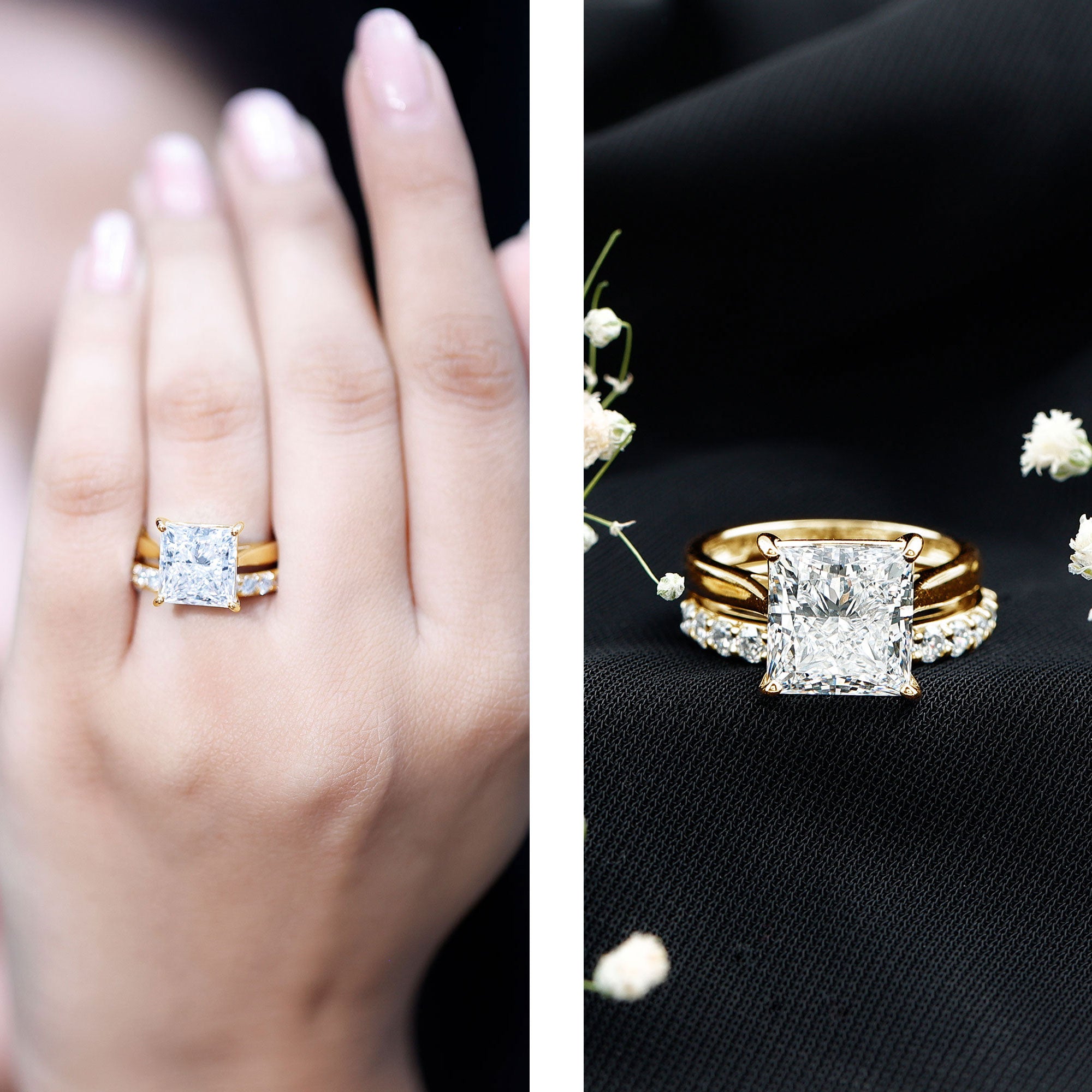 5 Carat Huge Lab Grown Diamond Princess Cut Engagement Ring Set with IGI Certificate Lab - ( E-VS1 ) - Rosec Jewels