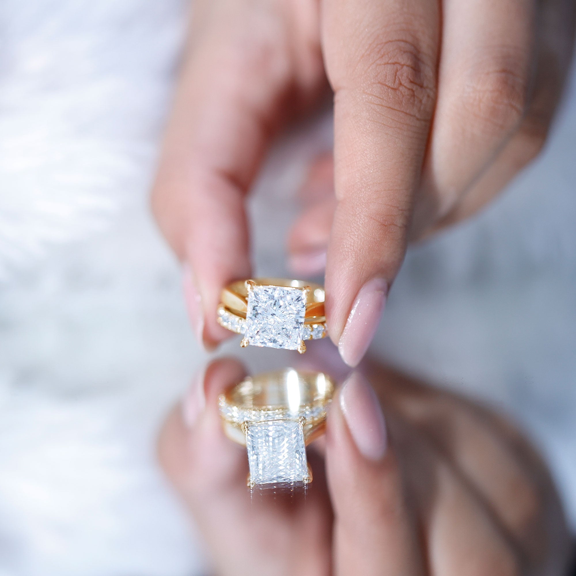 5 Carat Huge Lab Grown Diamond Princess Cut Engagement Ring Set with IGI Certificate Lab - ( E-VS1 ) - Rosec Jewels