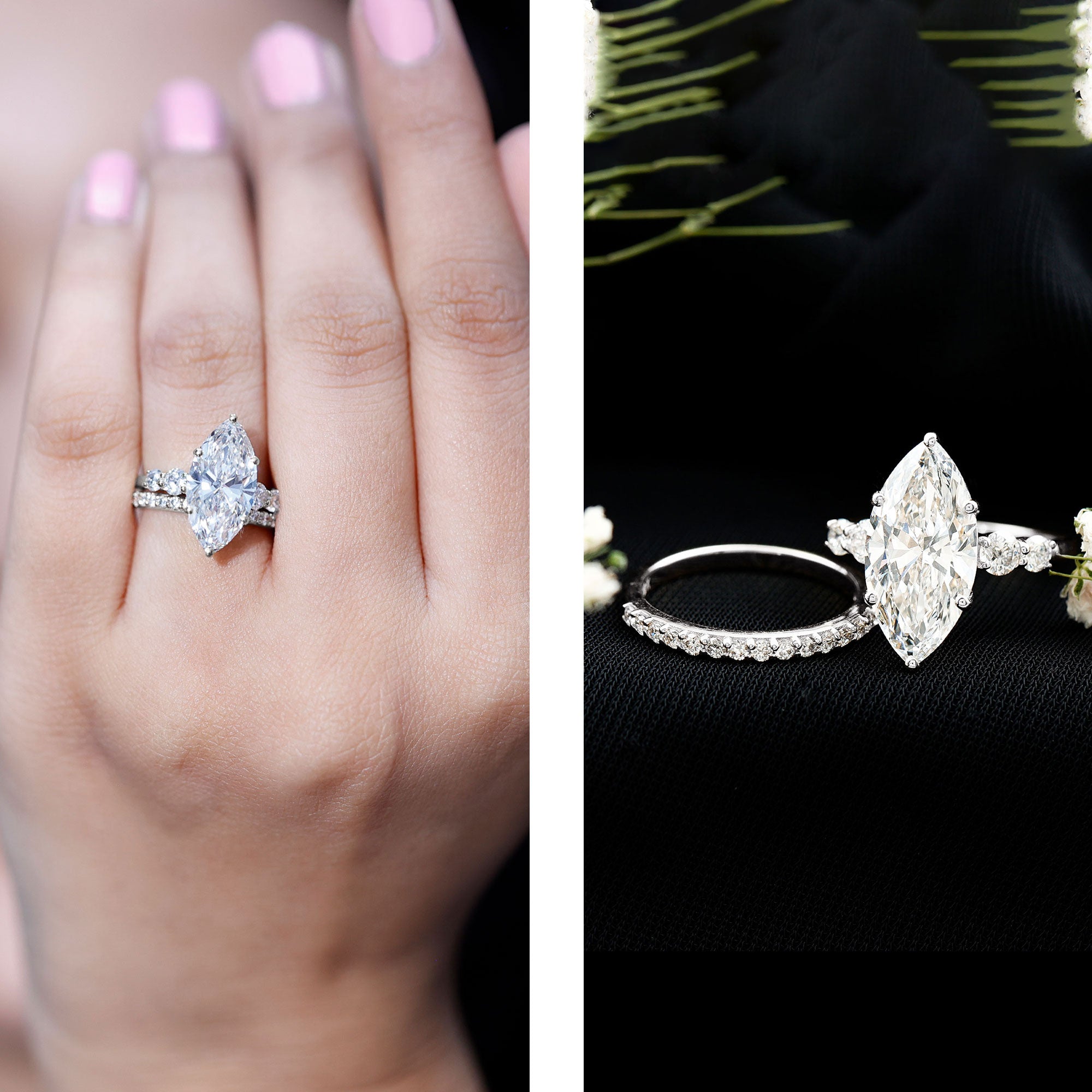 IGI Certified 3 Carat Lab Grown Diamond Marquise Bridal Wedding Ring Set Lab - ( E-VS1 ) - Rosec Jewels