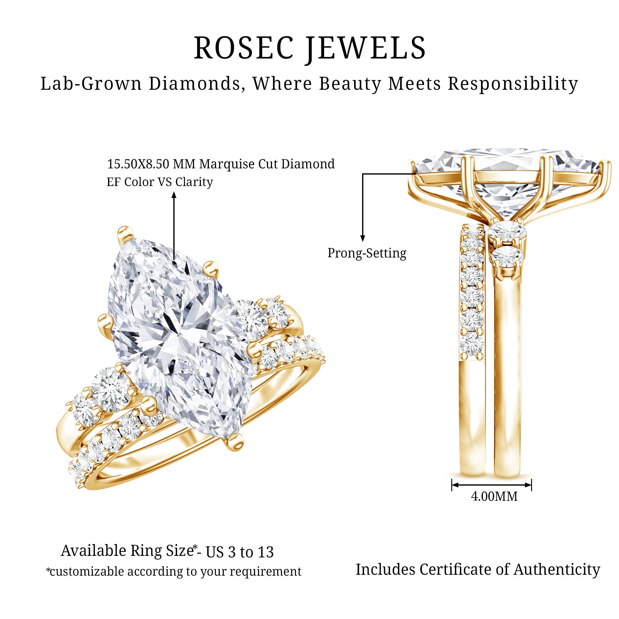 Rosec Jewels-IGI Certified Lab Grown Diamond 4 Carat Marquise Engagement Ring with Wedding Band