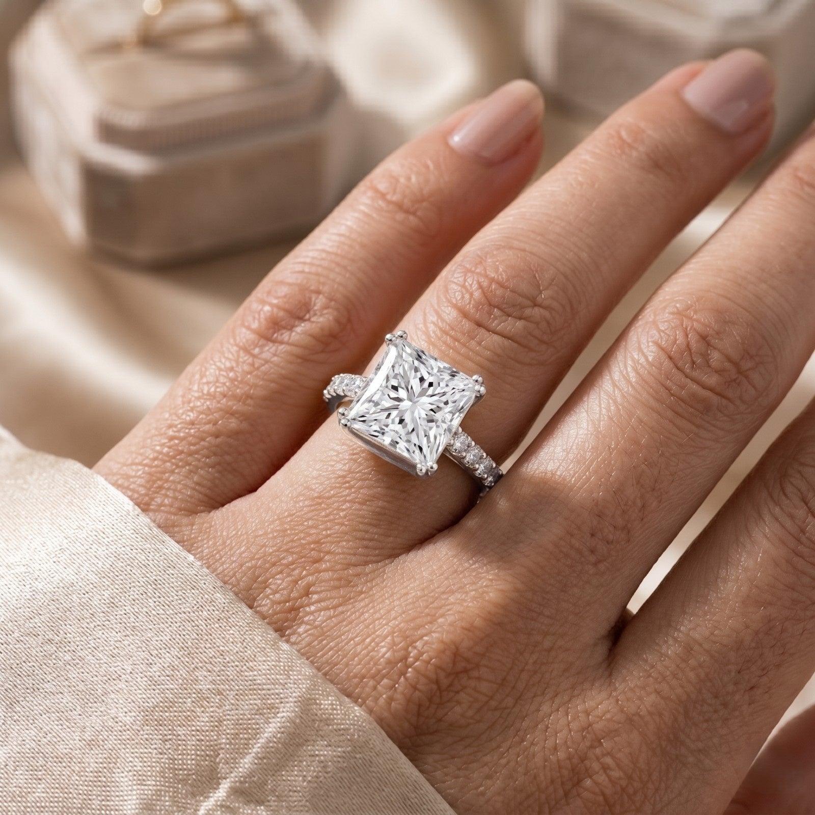 IGI Certified Princess Cut Lab Grown Diamond 5 Carat Engagement Ring with Side Stones Lab - ( E-VS1 ) - Rosec Jewels