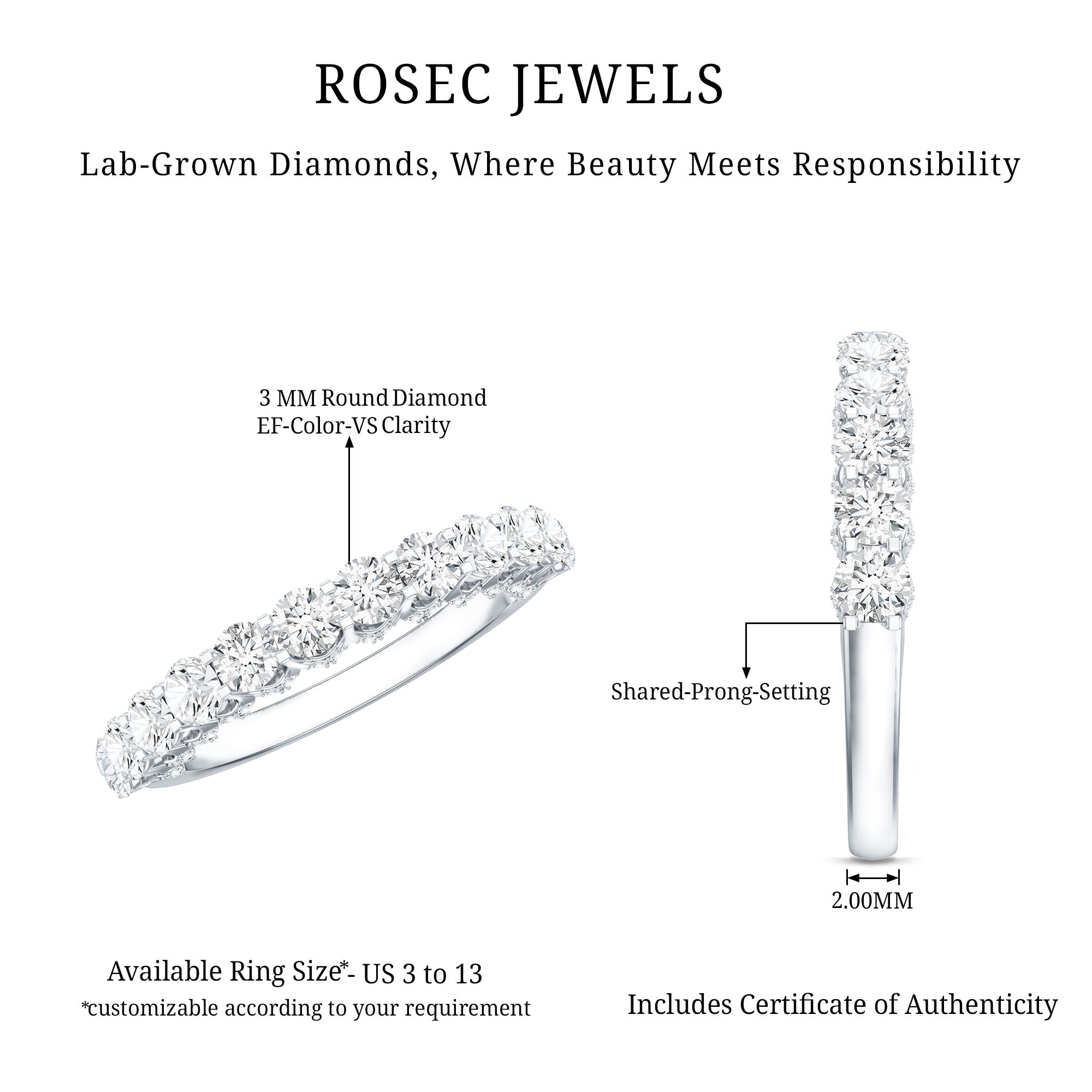Lab Grown Diamond Half Eternity Wedding Band for Women Lab - ( EF-VS ) - Rosec Jewels