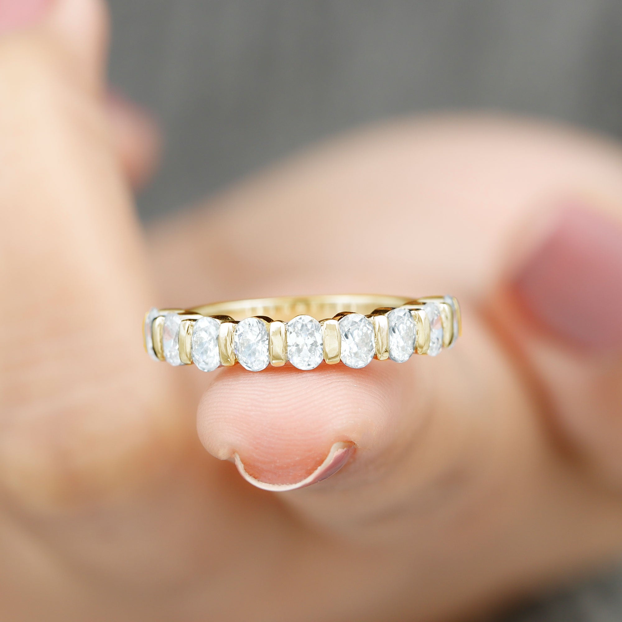 Rosec Jewels-Oval Shaped Cubic Zirconia Half Eternity Band Ring with Certificate