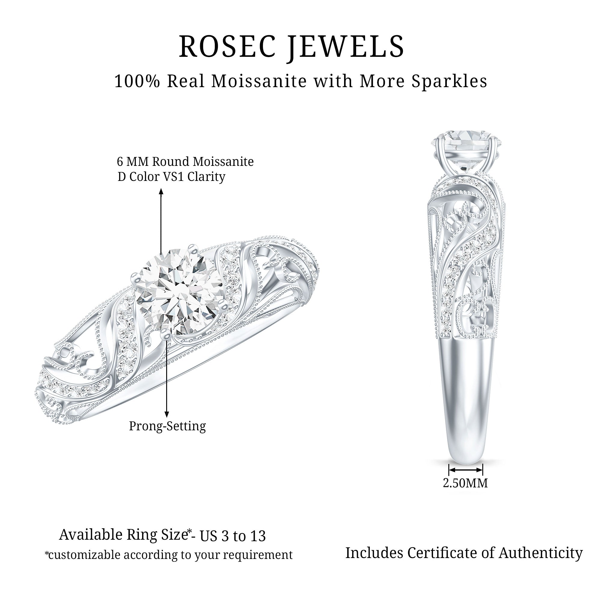 Rosec Jewels-Vintage Inspired 0.98 Carat Moissanite Engagement Ring for Women