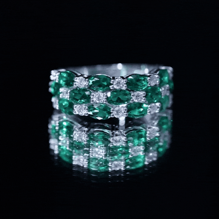 Rosec Jewels-Oval Cut Lab Grown Emerald Statement Wedding Band with Diamond