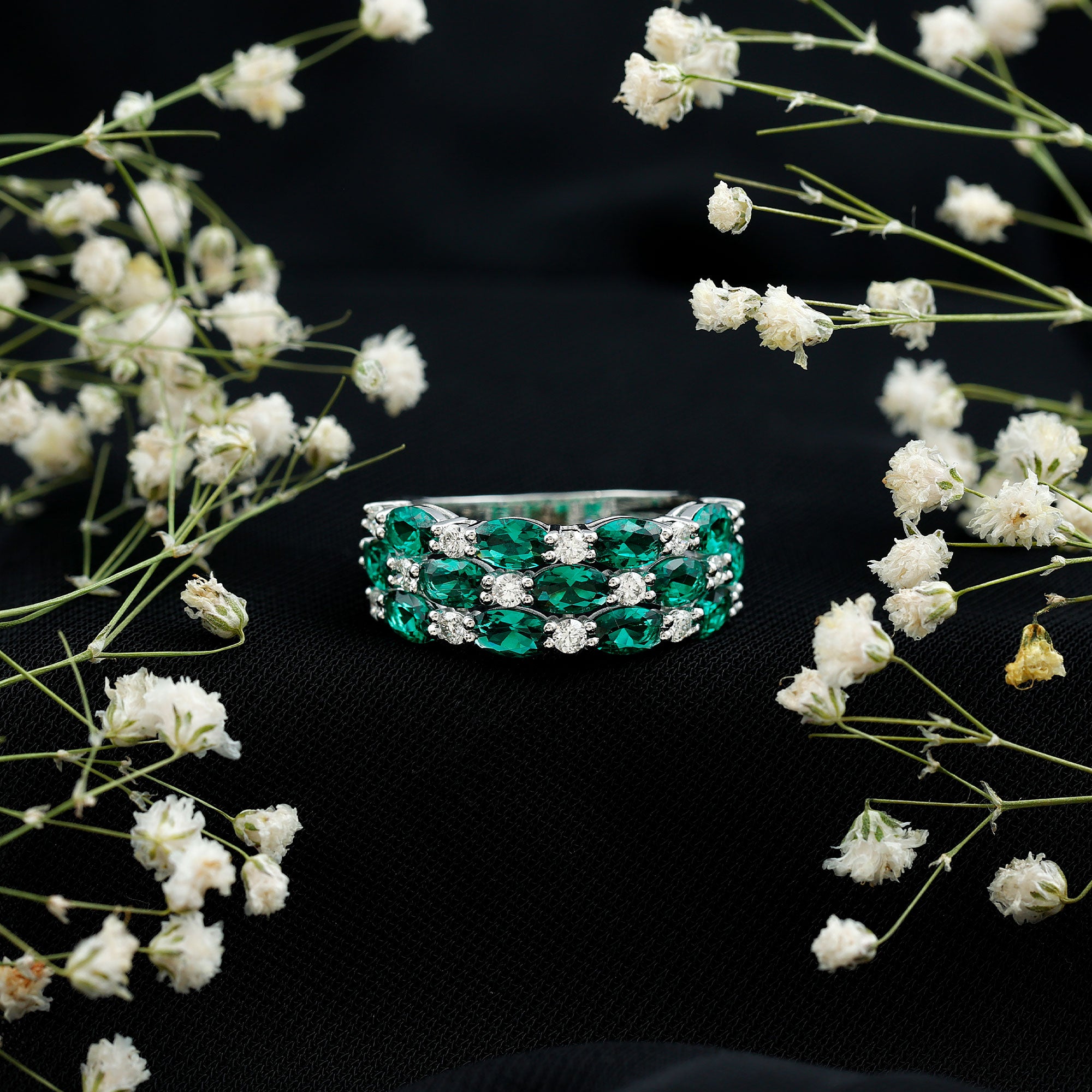 Rosec Jewels-Oval Cut Lab Grown Emerald Statement Wedding Band with Diamond