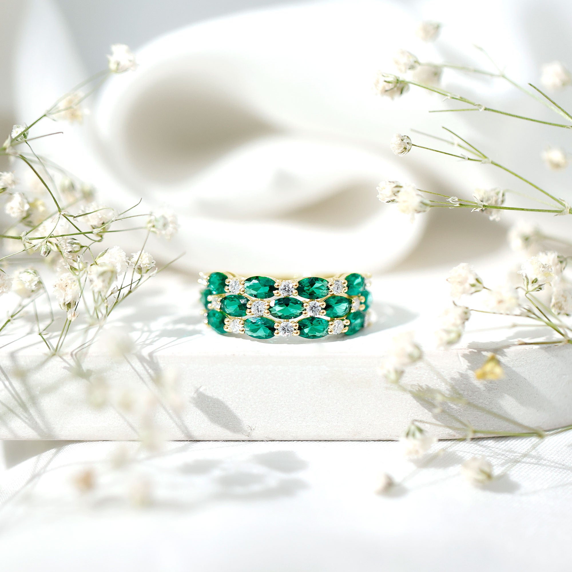 Rosec Jewels-Oval Cut Lab Grown Emerald Statement Wedding Band with Diamond