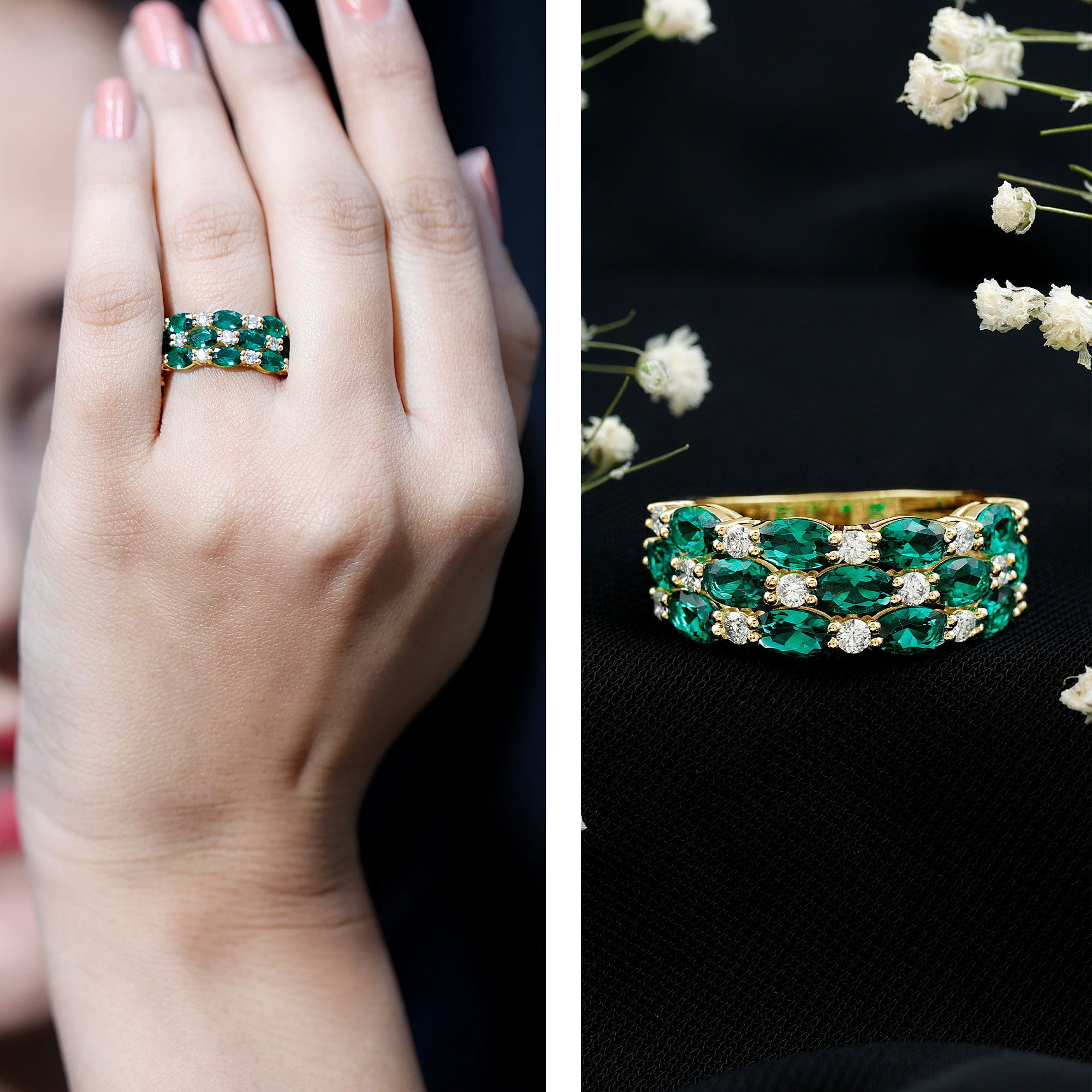 Rosec Jewels-Oval Cut Lab Grown Emerald Statement Wedding Band with Diamond