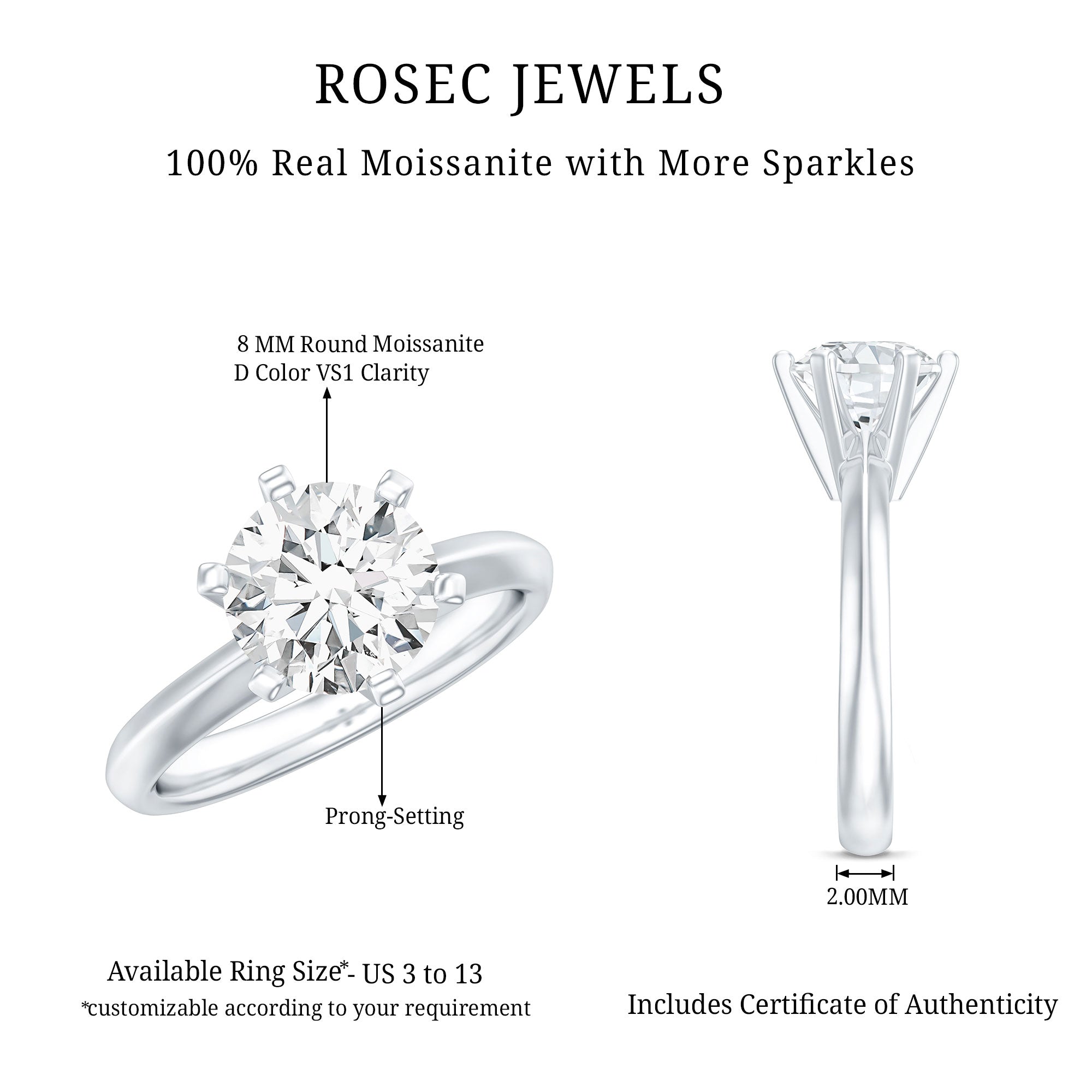 Brilliant Cut Solitaire Moissanite 2 CT Engagement Ring with Certificate D-VS1 - Rosec Jewels