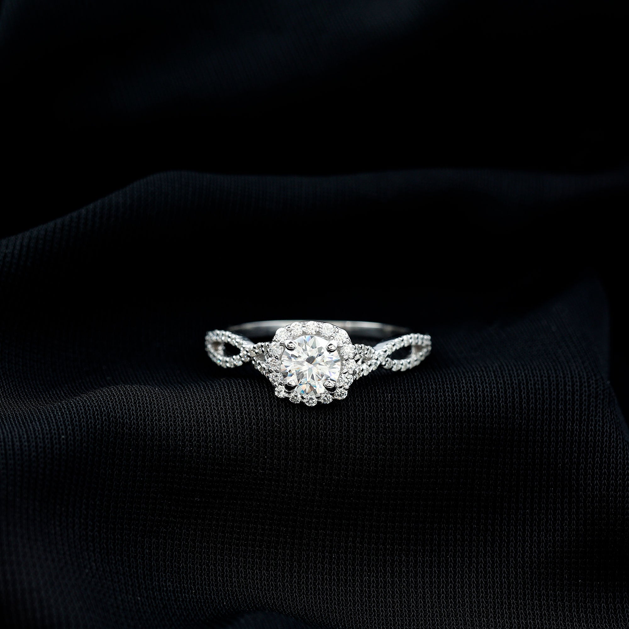 Certified Moissanite Halo Engagement Ring with Criss Cross Shank D-VS1 - Rosec Jewels