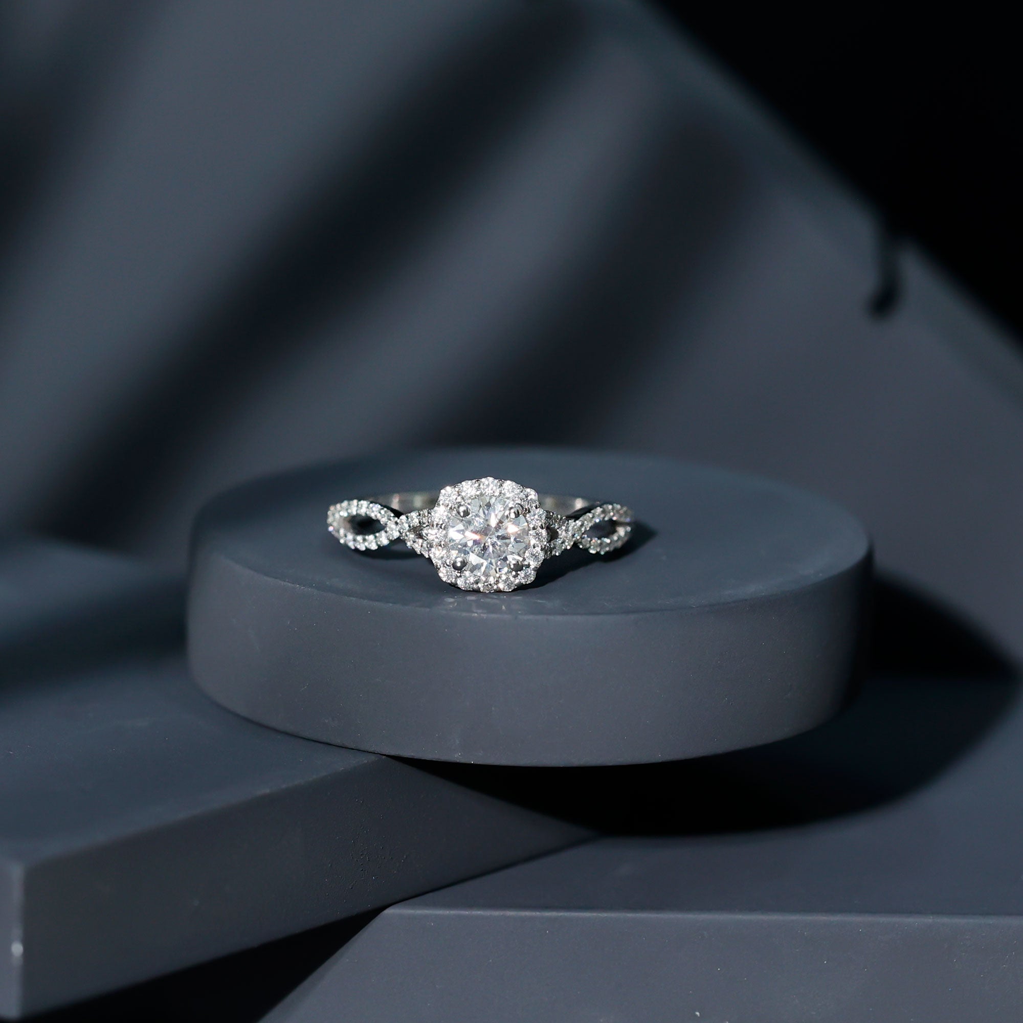 Certified Moissanite Halo Engagement Ring with Criss Cross Shank D-VS1 - Rosec Jewels