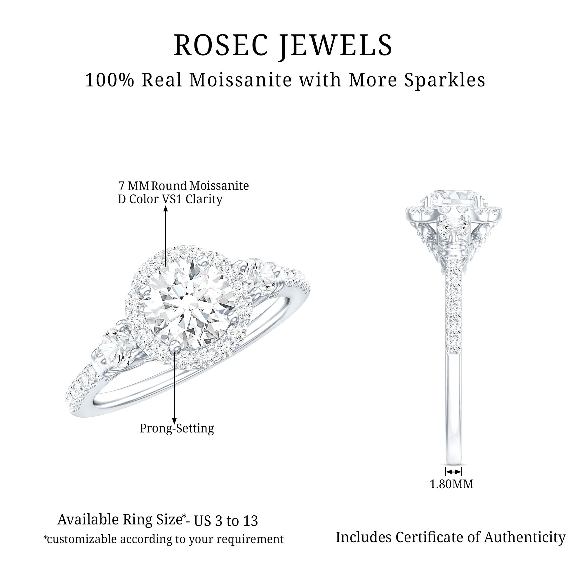 Rosec Jewels-Moissanite Halo Engagement Ring for Her with Certificate