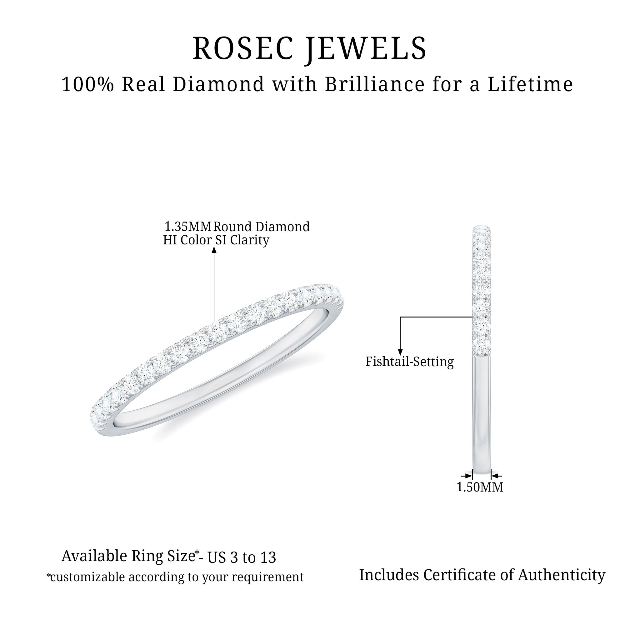 Rosec Jewels-0.25 CT Stackable Diamond Eternity Ring in Fish Tail Setting