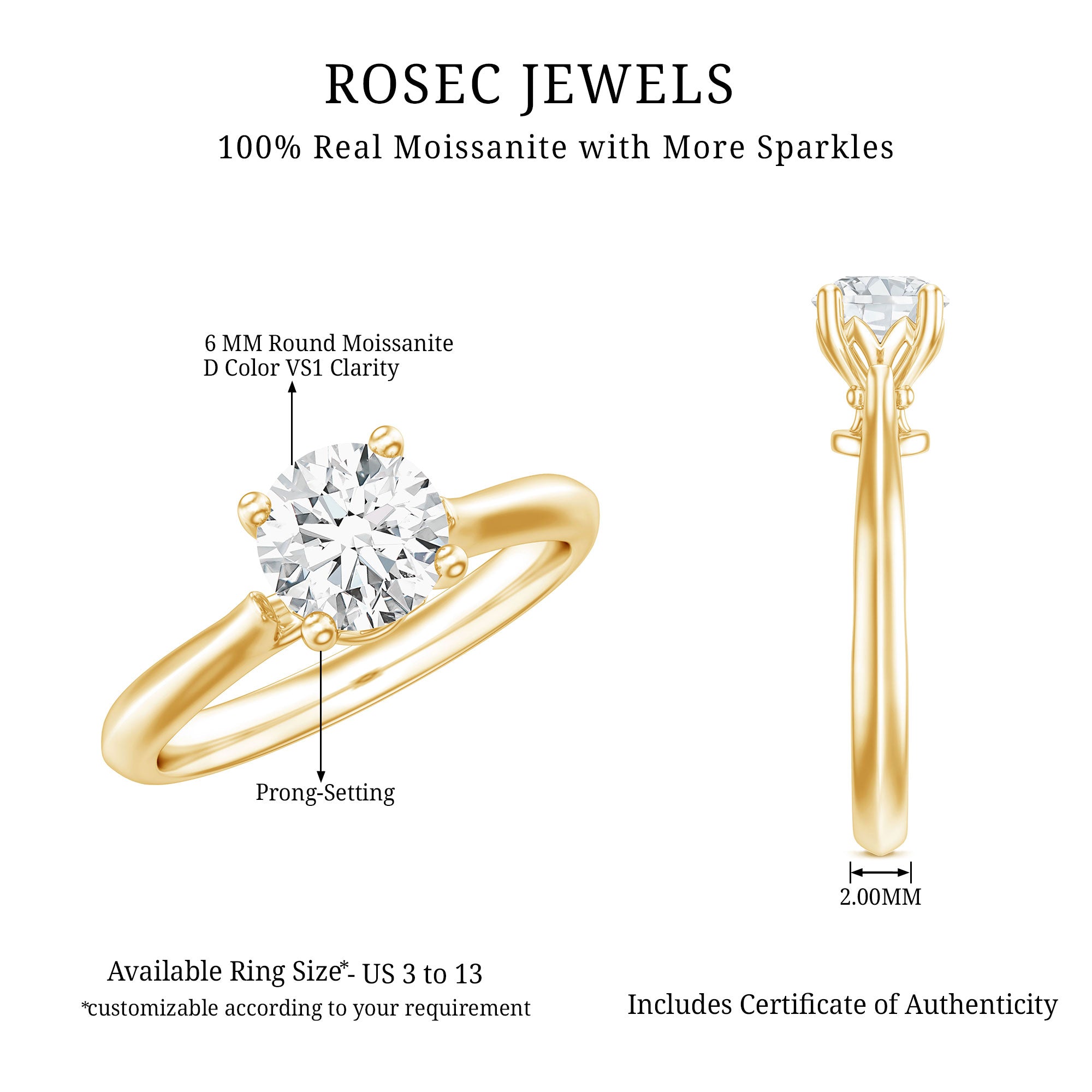 Rosec Jewels-Solitaire Round Cut Moissanite Engagement Ring for Her
